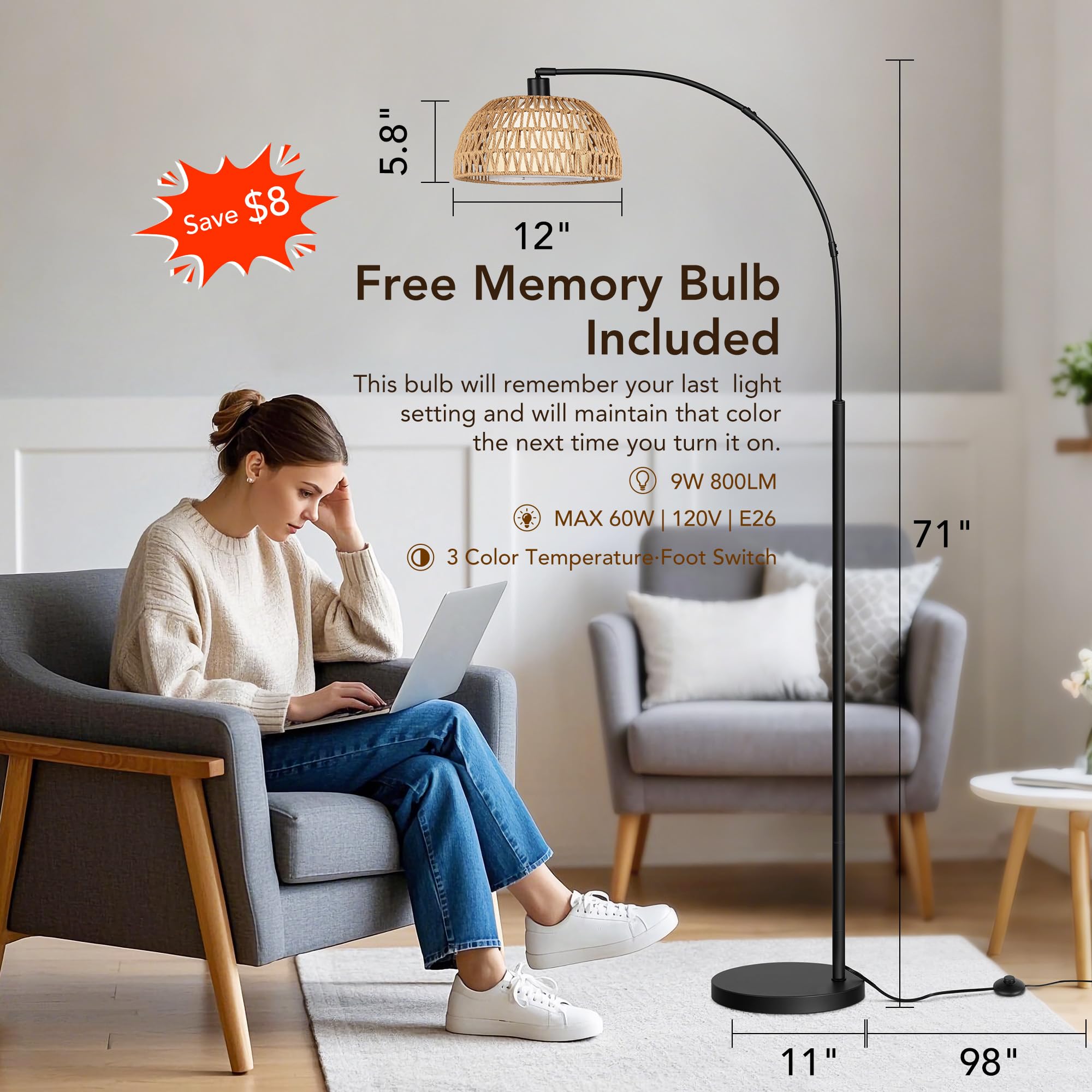 Rottogoon Arc Rattan Floor Lamps For Living Room With 3 Color Temperatures, Boho Floor Lamps With Foot Switch, Bohemian Farmhous