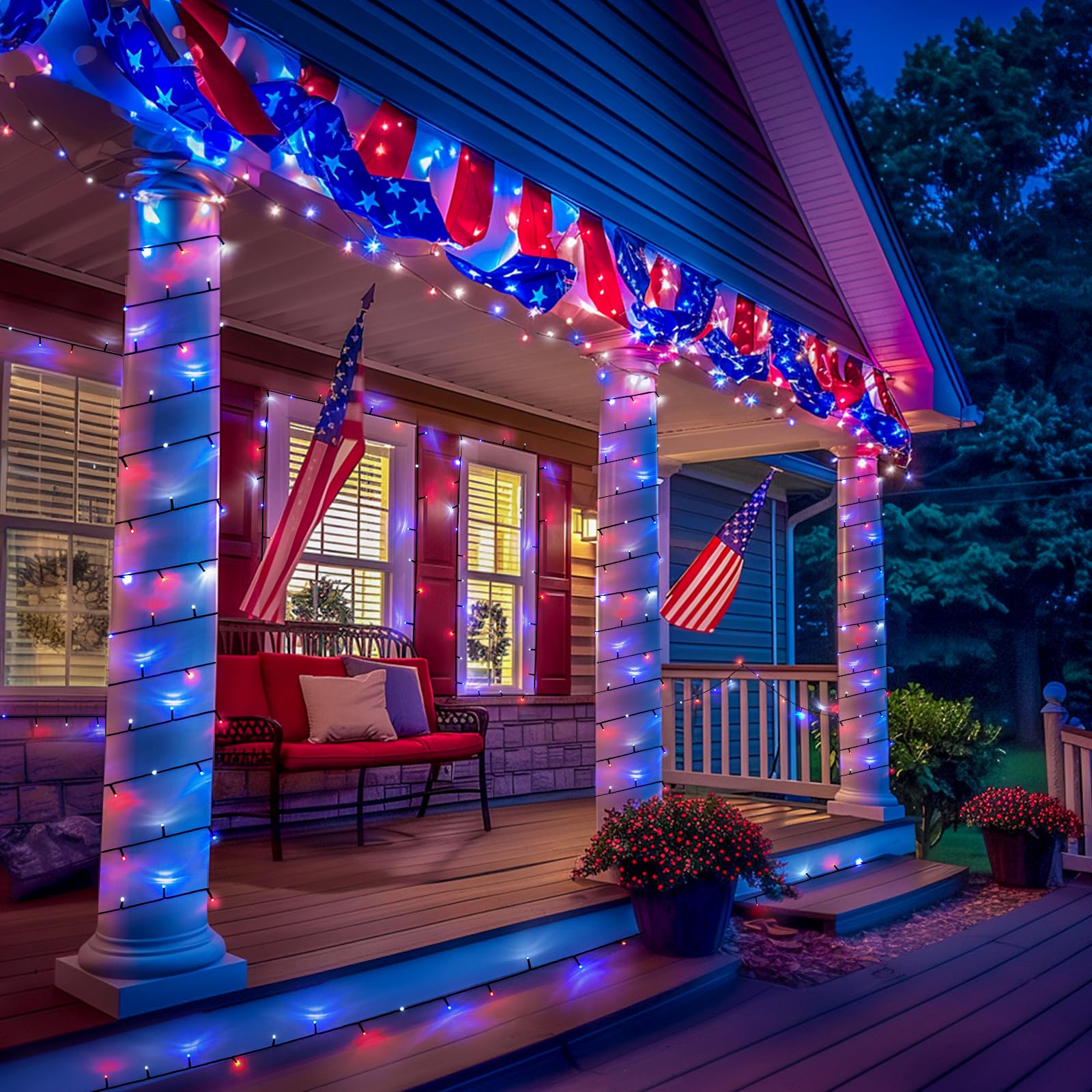 Jmexsuss 500 Led Red White And Blue Lights 4Th Of July Decorations, 173Ft 8 Modes 4Th Of July Lights Outdoor, Waterproof Patriot