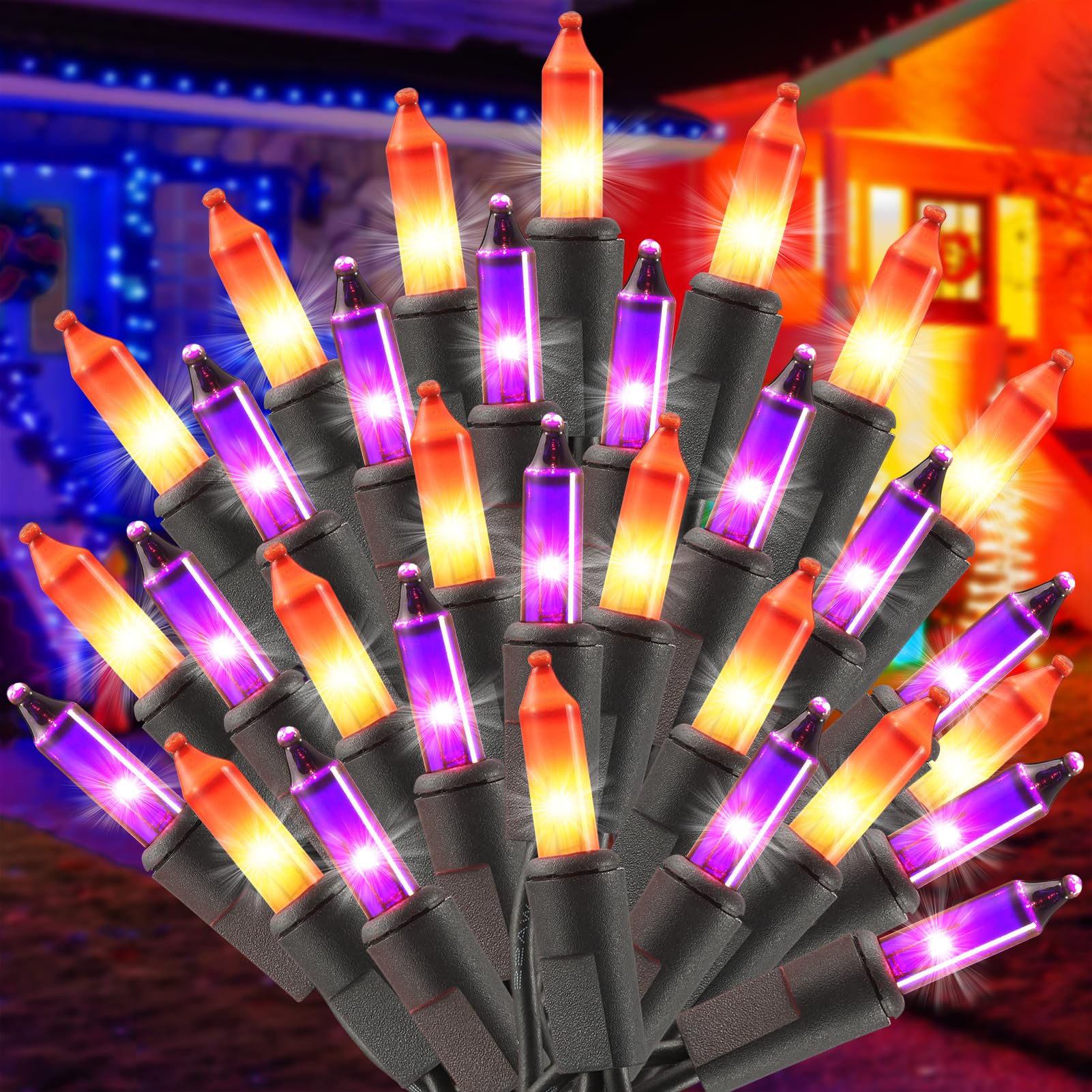 Halloween Decorations Purple Orange String Lights Plug in, 21FT Halloween Lights 100 Count Mini Incandescent with Black Cord, Ou