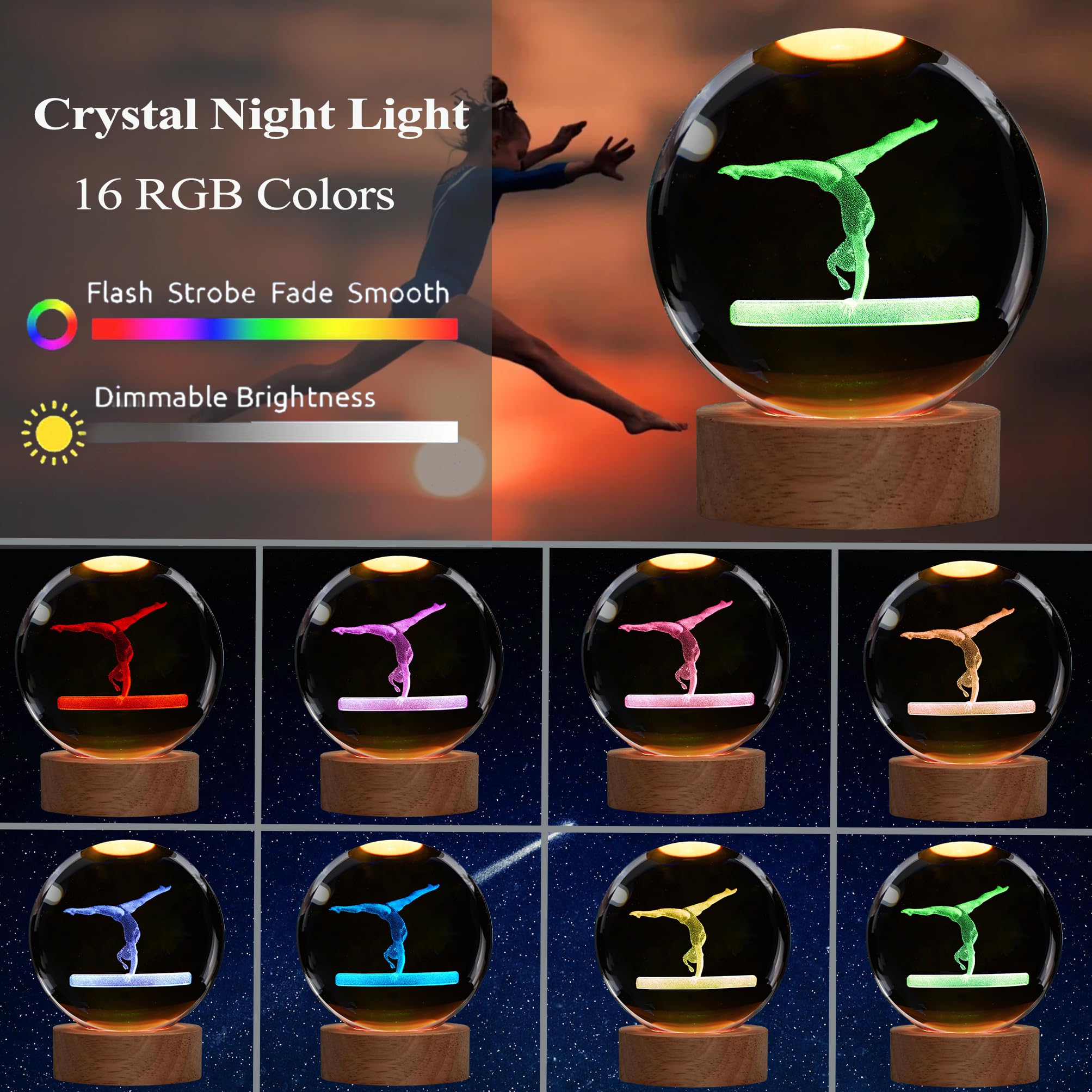 POSSHE Gymnastics Night Light - 3D Crystal Ball with Remote, 16 Colors, 3.15 in, Perfect Gift for Girls and Boys, Cool Room Decor