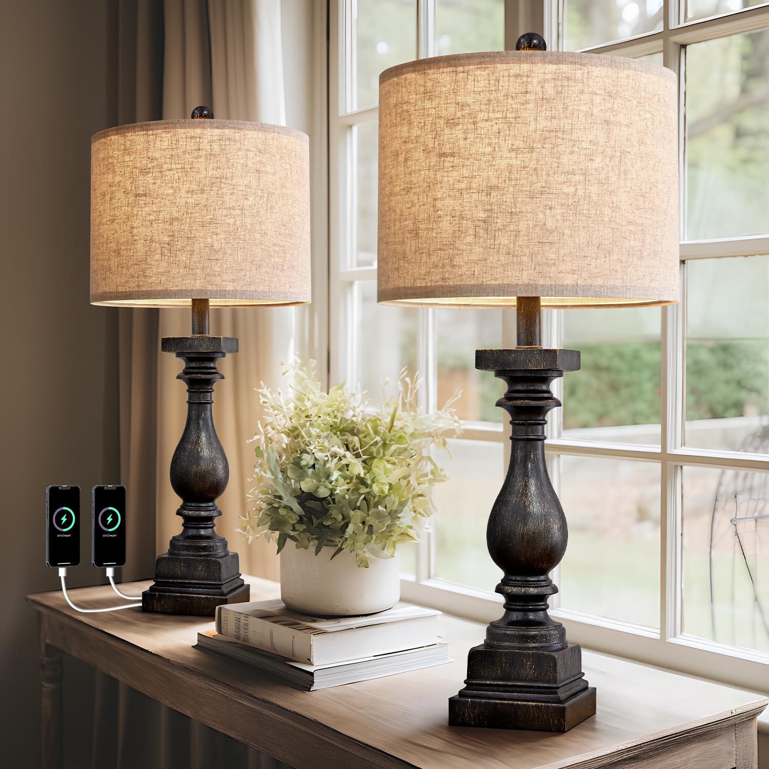 BOBOMOMO 27" Farmhouse Table Lamp Set of 2 - Vintage Rustic Bedside Lamps with USB A+C - Black, Model AMZ-T279USB-BLG