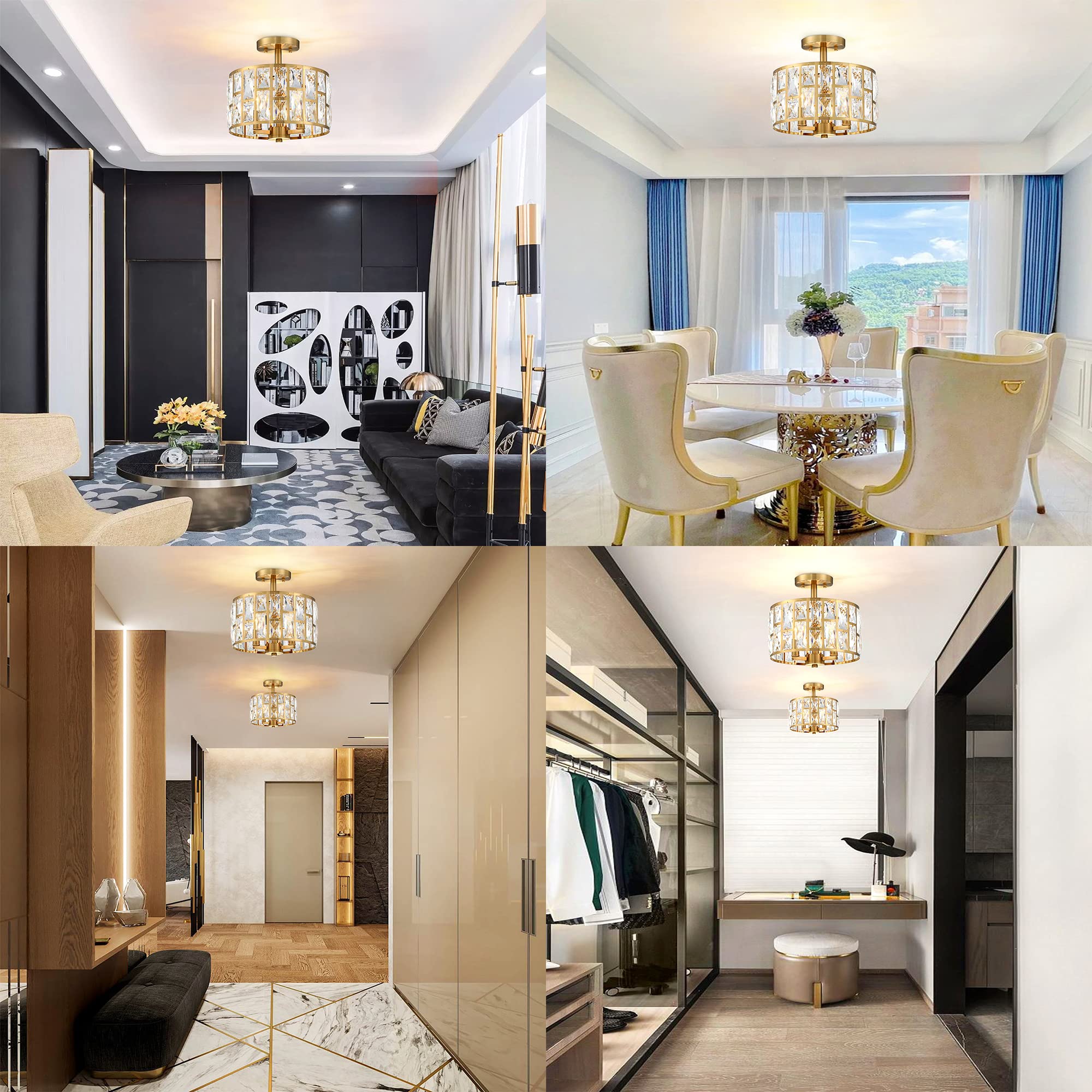 Mexo Gold Crystal 3-Light Semi Flush Mount Ceiling Light Fixture For Kitchen And Living Room