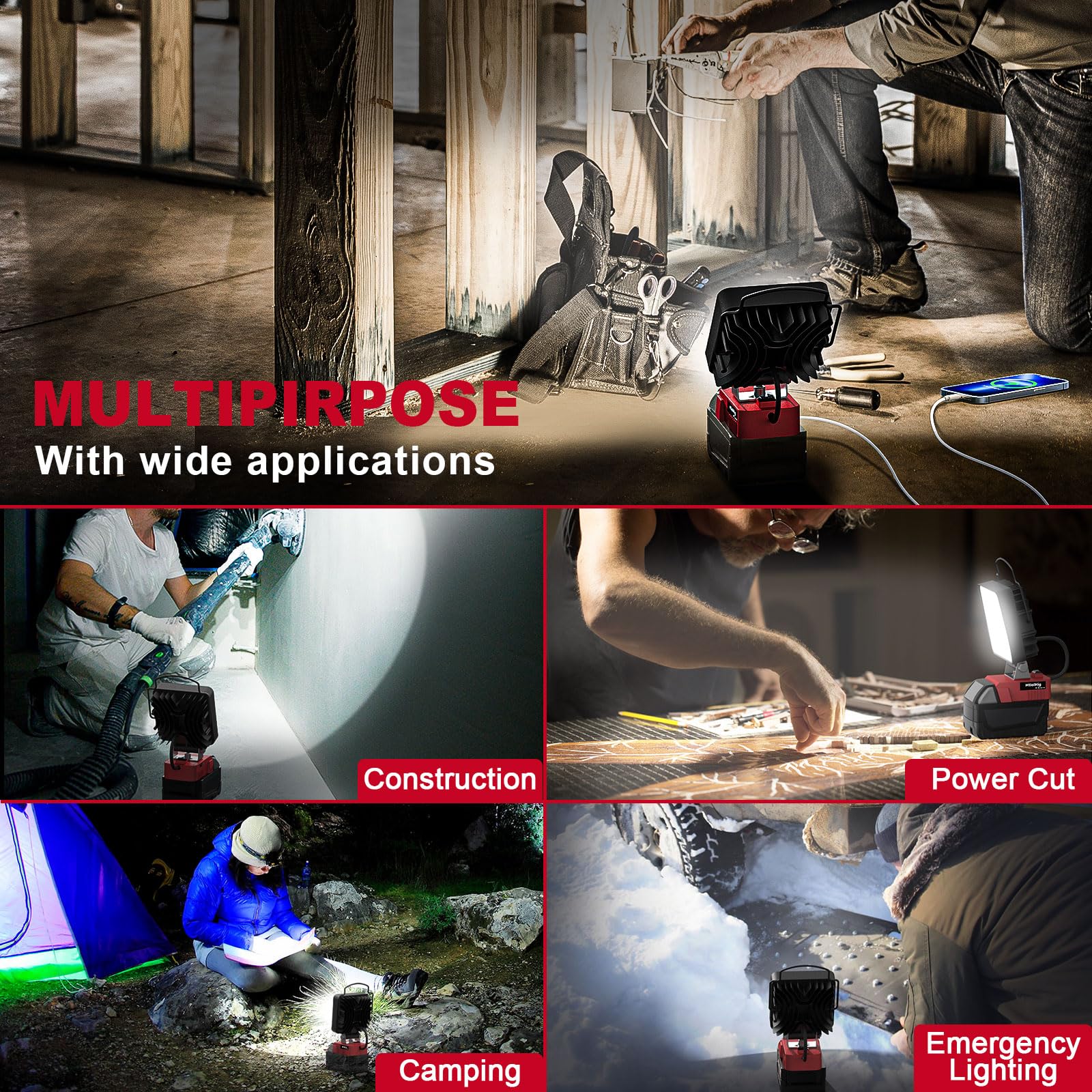 MtiolHig Cordless LED Work Light - 48W 4800 Lumens, USB & Type-C Charging, Battery Powered, 2PCS for Emergency & Outdoor Use