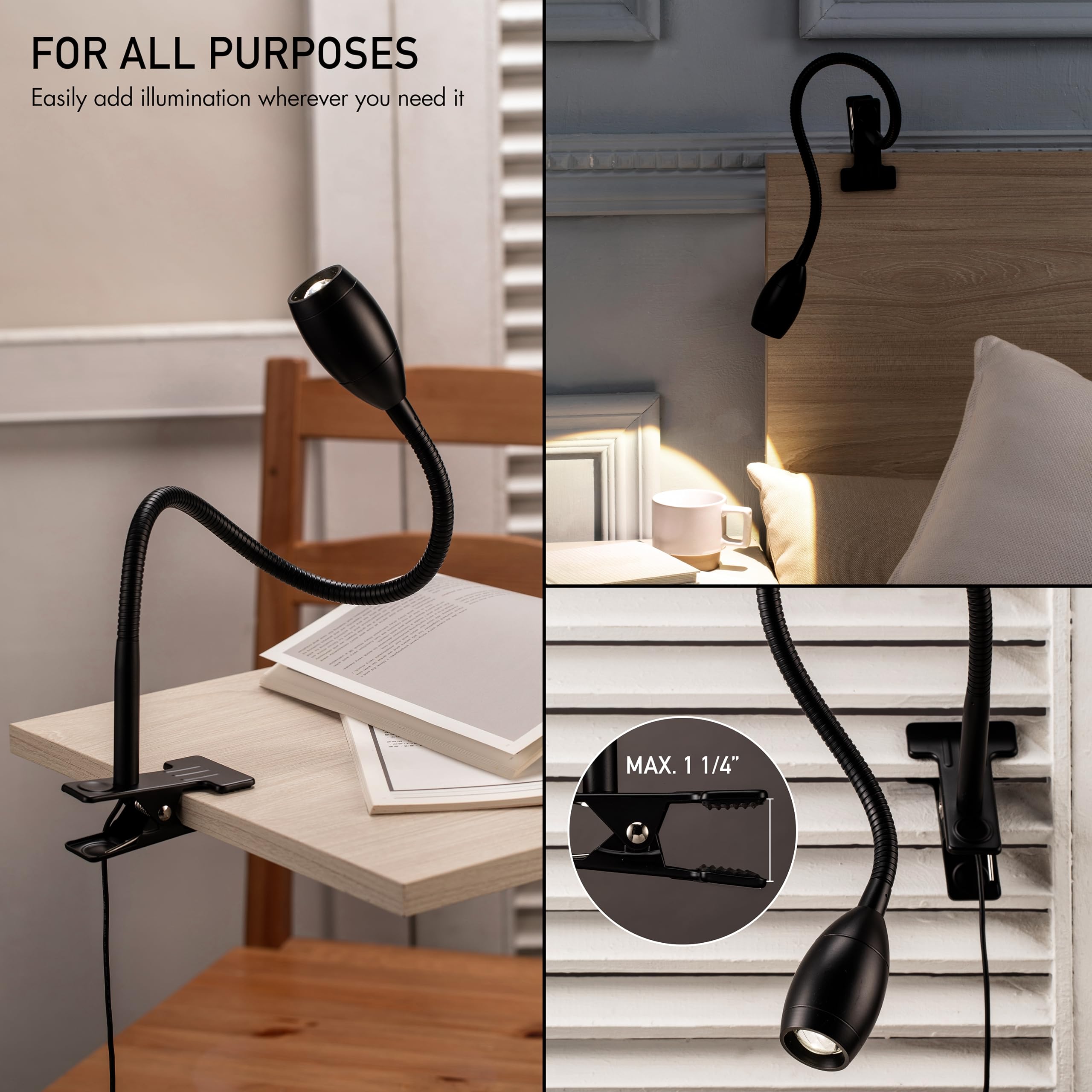 O'Bright Clip-on Lamp - Zoomable, Dimmable LED, Flexible Gooseneck, Metal Clamp, 4000K Light, Black, Model OB-CL15M