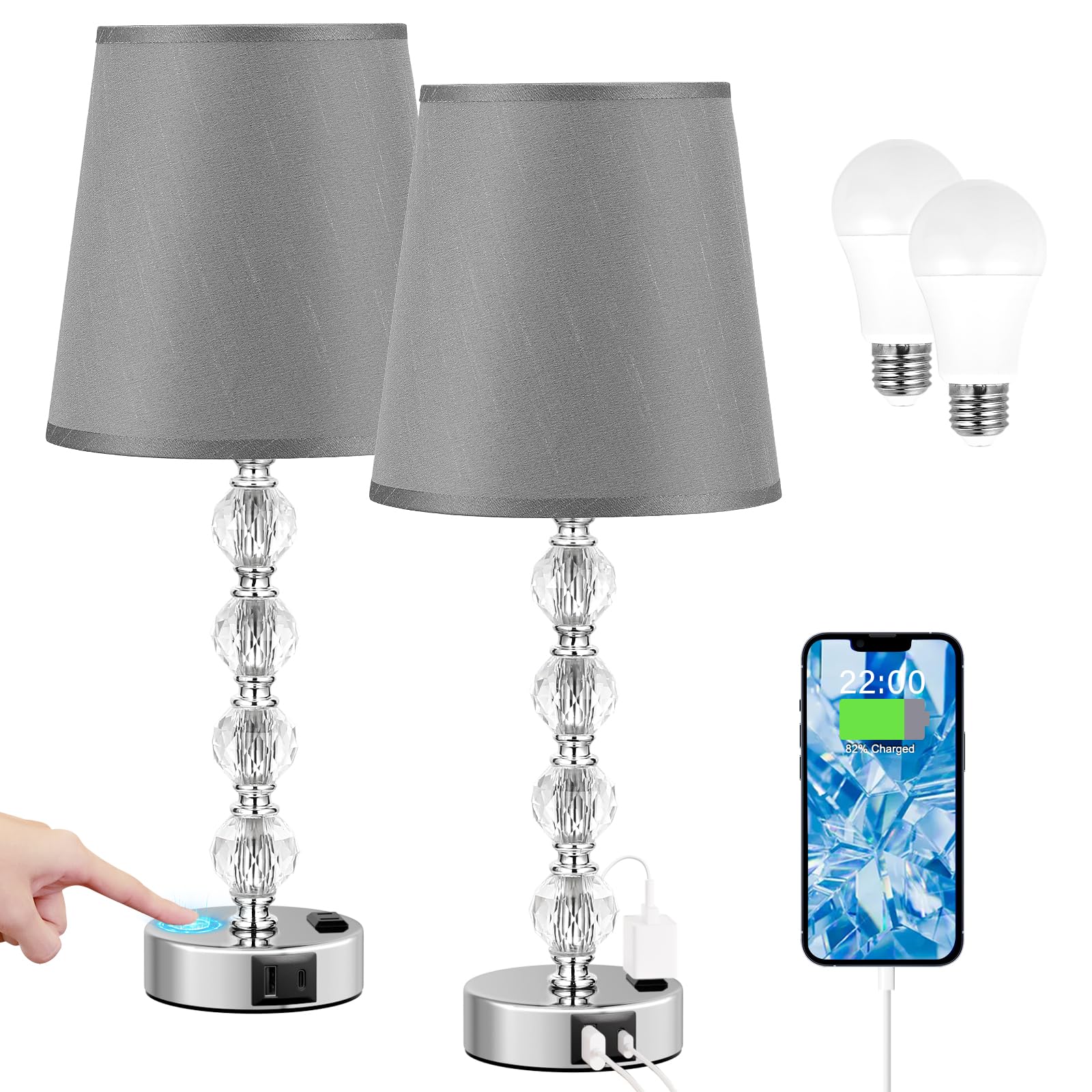 Acaxin Bedside Lamps for bedrooms Set of 2 Nightstand - Large Crystal Table Lamps with USB C Charging Ports and AC Outlet, 3 Way