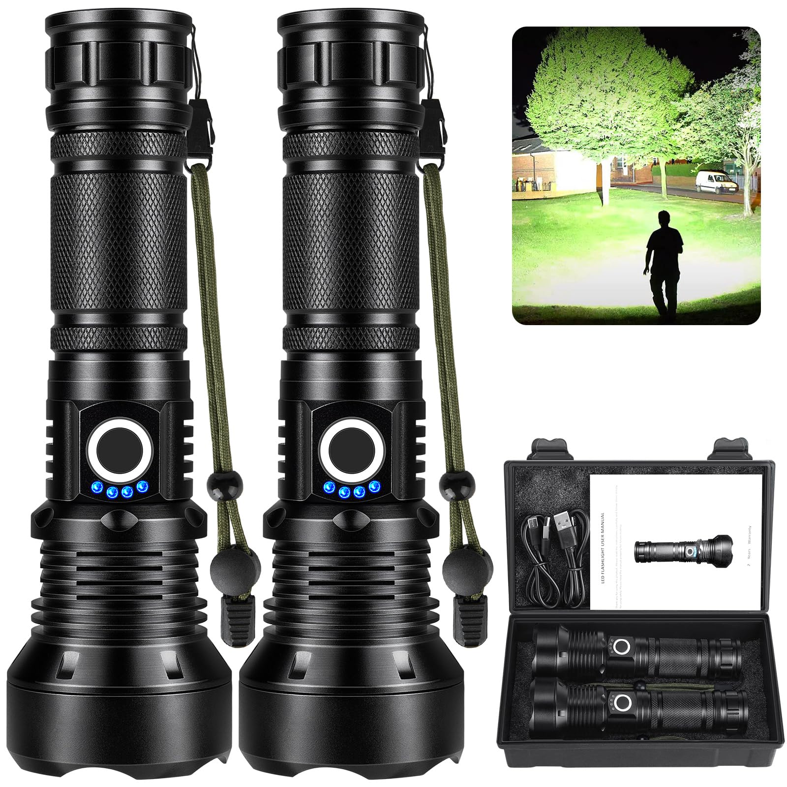 KINGCAESAR Flashlights High Lumens Rechargeable, 2 Pack 990000 Lumens Super Bright Flashlight, 5 Modes LED Flashlight, IPX7 Wate