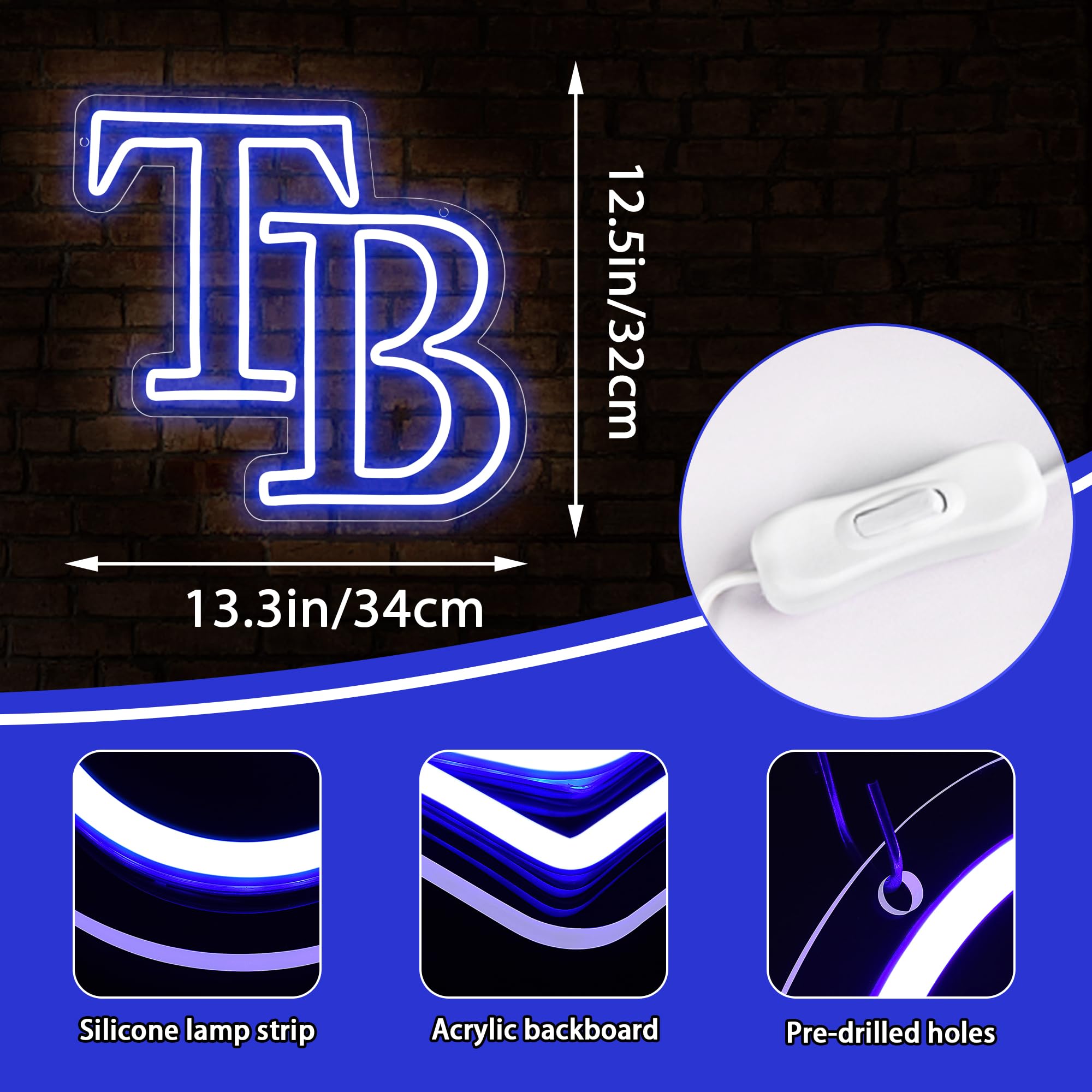 Brineon Neon Sign Baseball Team Logo LED Wall Art 13.3x12.6inch Blue-TB Model ZYLD7002