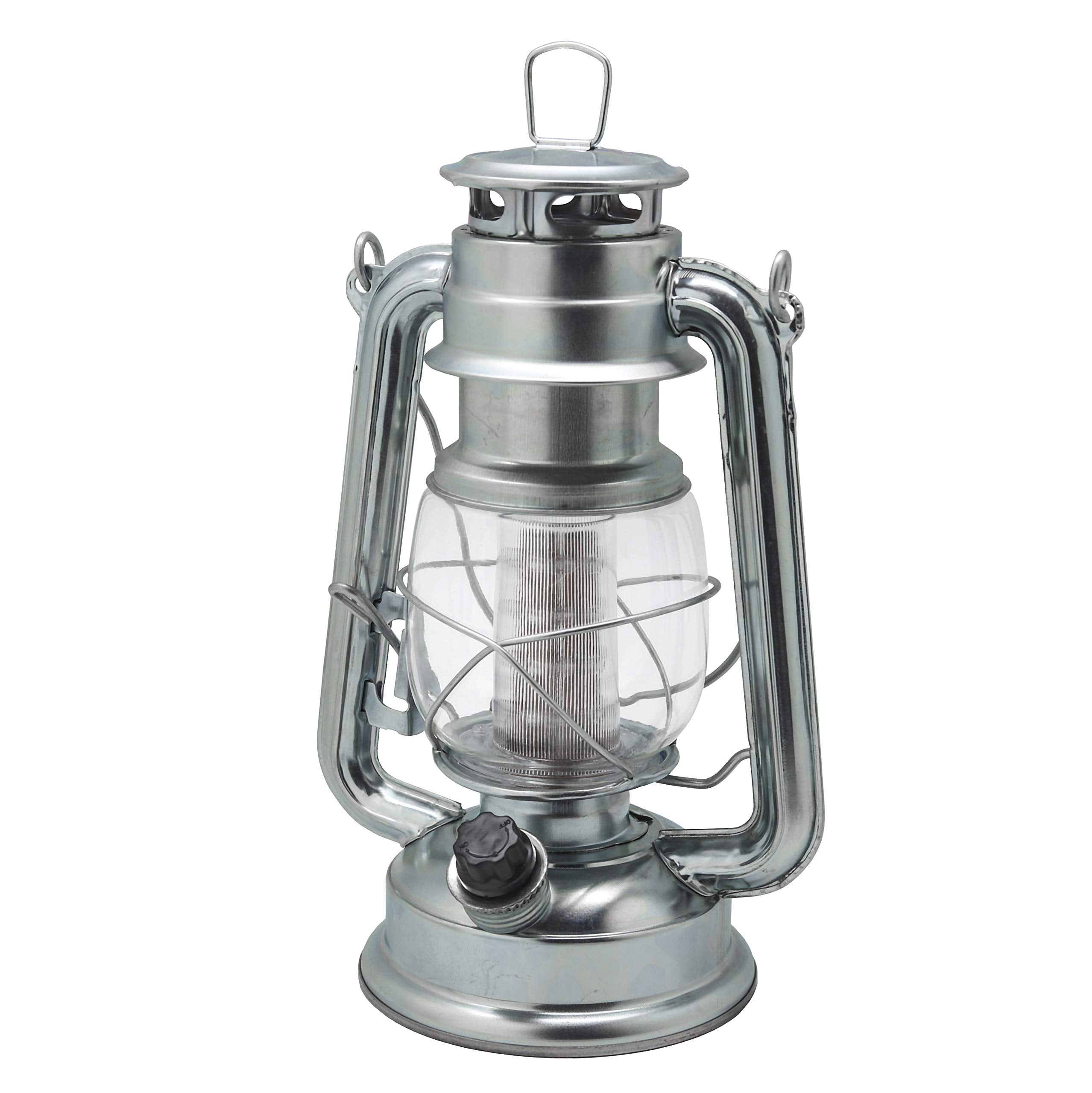 YAKii LED Vintage Lantern - Hanging Hurricane Light, 12 LEDs, Dimmer Switch, Battery Operated, Silver, Model 218446