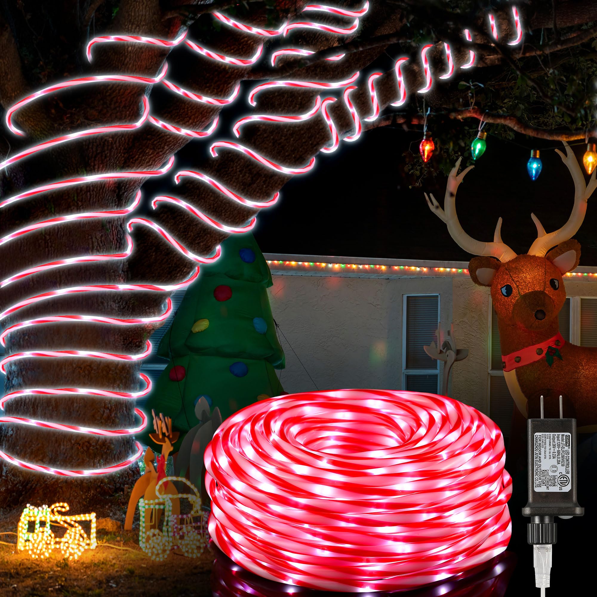 Hiboom Christmas Candy Cane Rope Lights, 8 Lighting Modes Outdoor Waterproof Christmas Rope Lights with Timer for Terrace Tree F