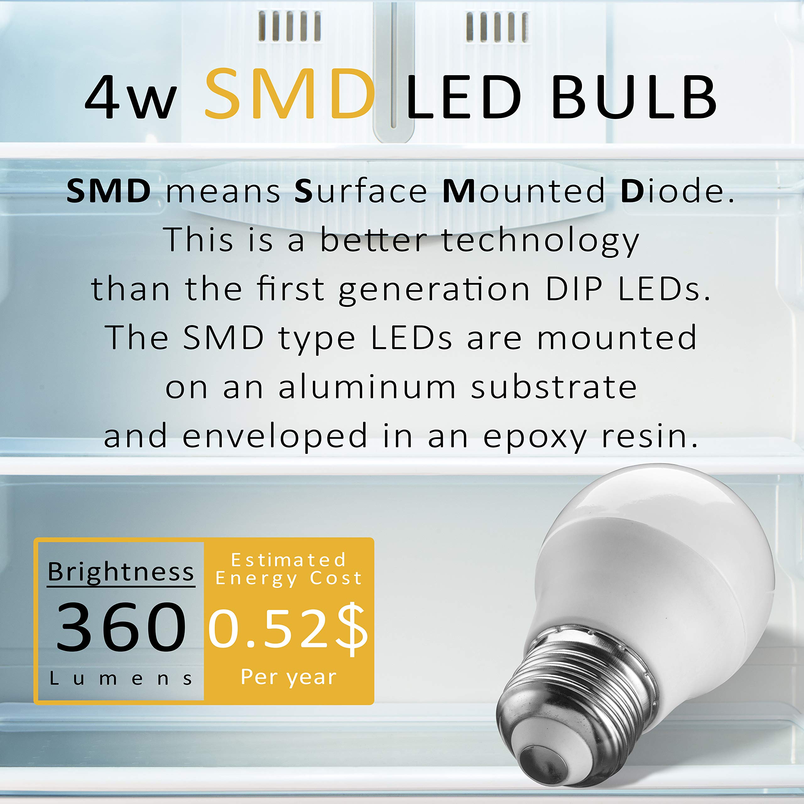 SouLight Refrigerator Light Bulb LED - 4W Equivalent, Waterproof E26 Base, 5000K Daylight White, 360 Lumen - 2 Pack