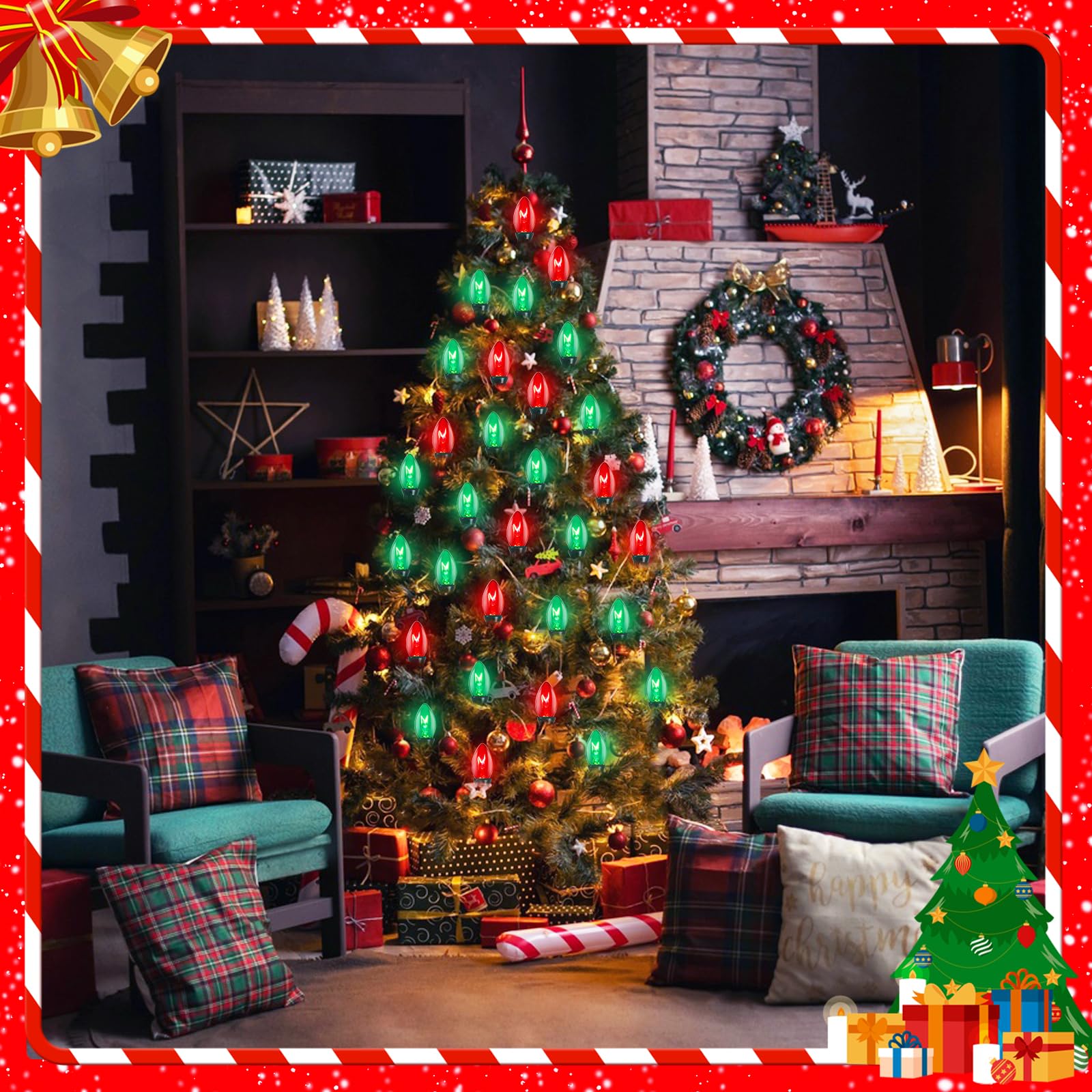 C7 Red Green Christmas Lights Outdoor, 25Ft Vintage Christmas String Lights With 27 Clear Red Green Ceramic Bulbs, Waterproof Co