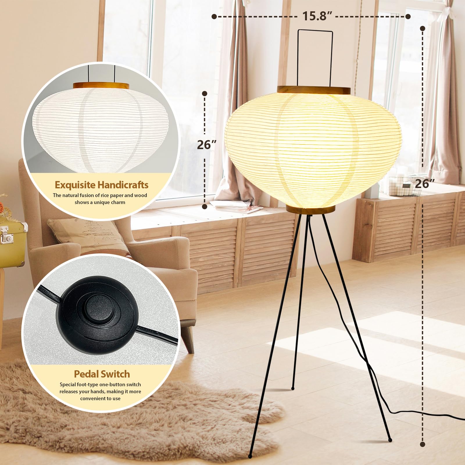 Paper Floor Lamp Noguchi Style Lamp, Rice Paper Akari Floor Lamp, Paper Lantern Lamp With Washi Paper Shade, Ideal For Bedside,