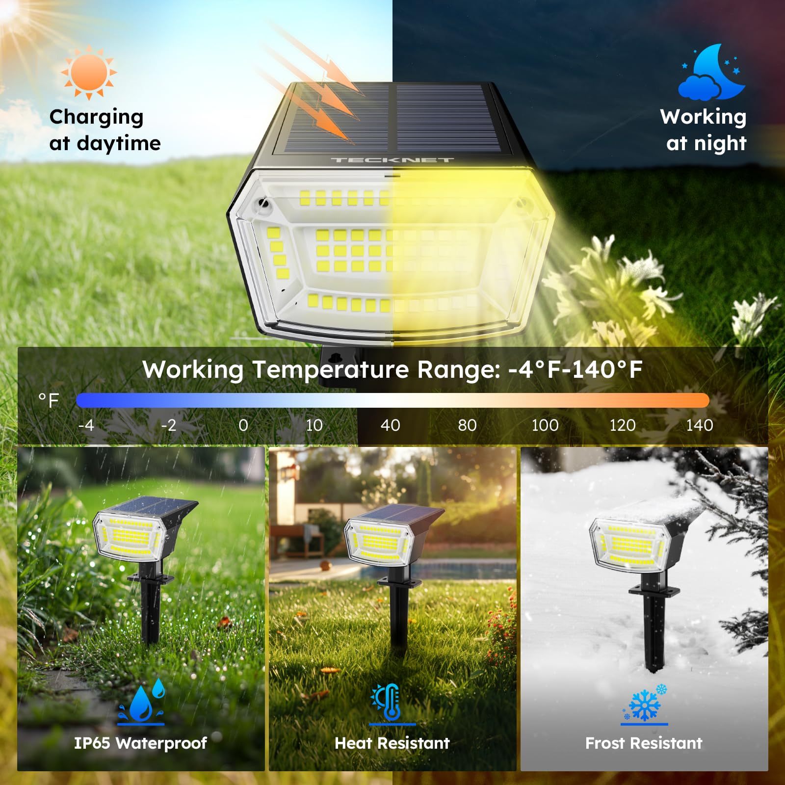 TECKNET Solar Spot Lights, 8 Pack, 59 LED, Waterproof IP65, Auto On/Off, 3 Lighting Modes, Warm White, Model TK-SL005