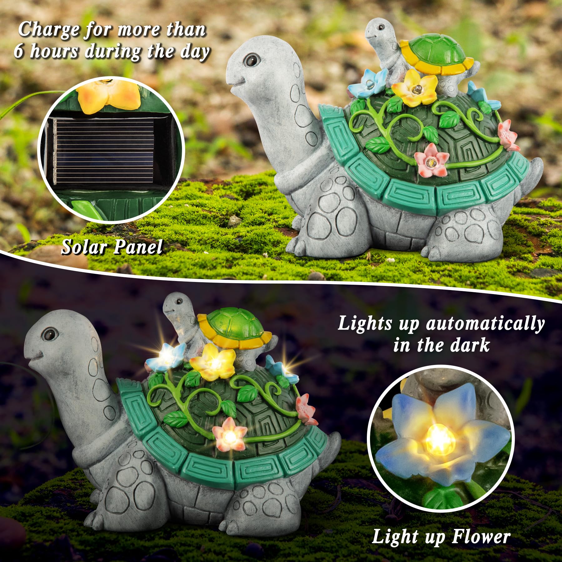 LESES Turtle Solar Statue Garden Decor with 7 LED Lights, Multicolor, Resin, Mothe&Baby Model for Patio Yard Gifts