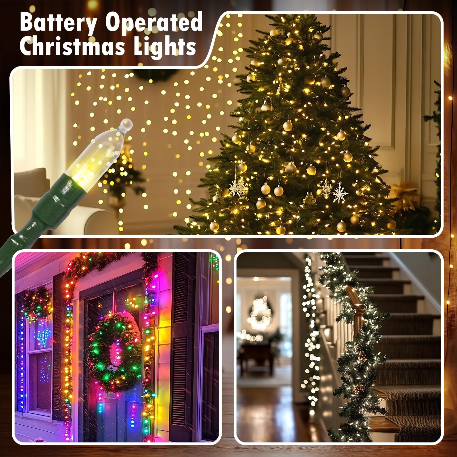 Vruxuri Battery Operated Christmas Lights, 4 Pack 18 FT 50 LED, 8 Modes, Waterproof, Multicolor, Model MINI-SL-B