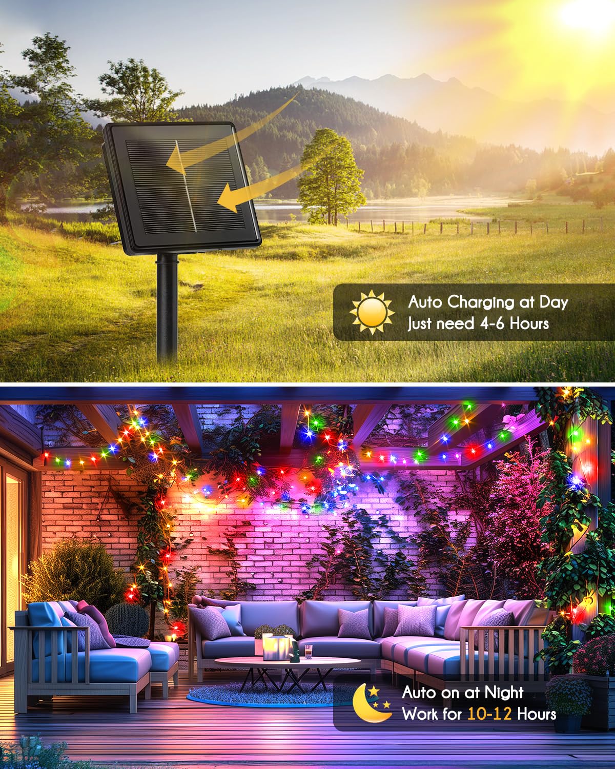 Brightown Solar String Lights, 240 LED, 19.6Ft, Waterproof, 8 Modes, Multicolor, Copper Material
