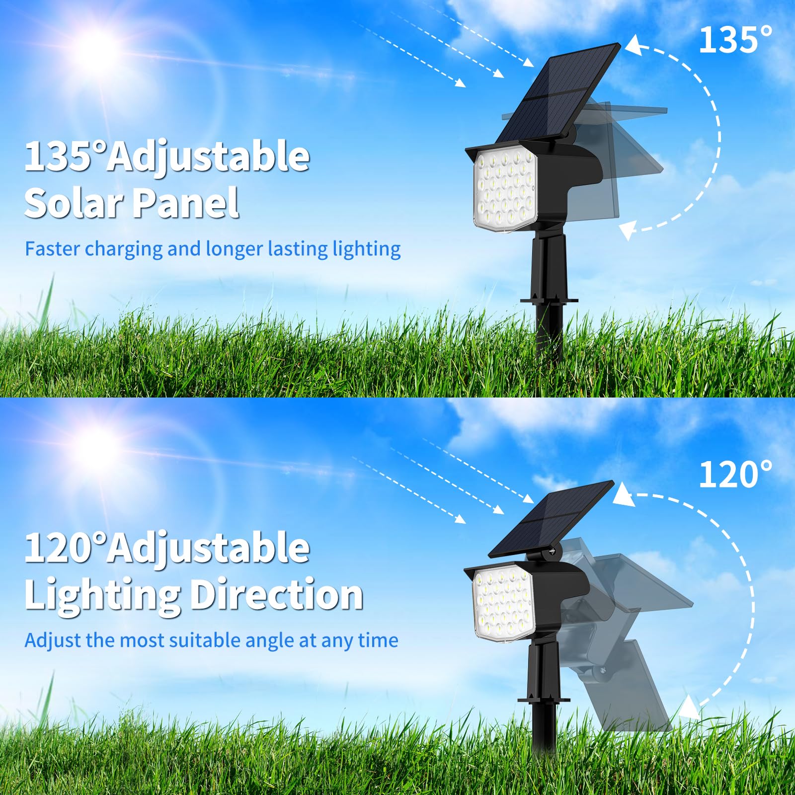 Nacinic Solar Spot Lights Outdoor Waterproof Adjustable Solar Powered Landscape Lights For Yard 3 Long Time Lighting Modes Spotl