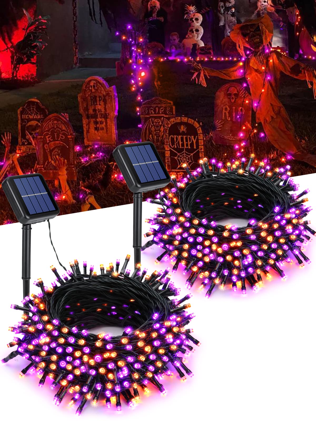 Flacchi Solar Halloween Lights, 2 Pack, 400 LED, Waterproof Outdoor String Lights, Orange & Purple, 144ft, 8 Modes