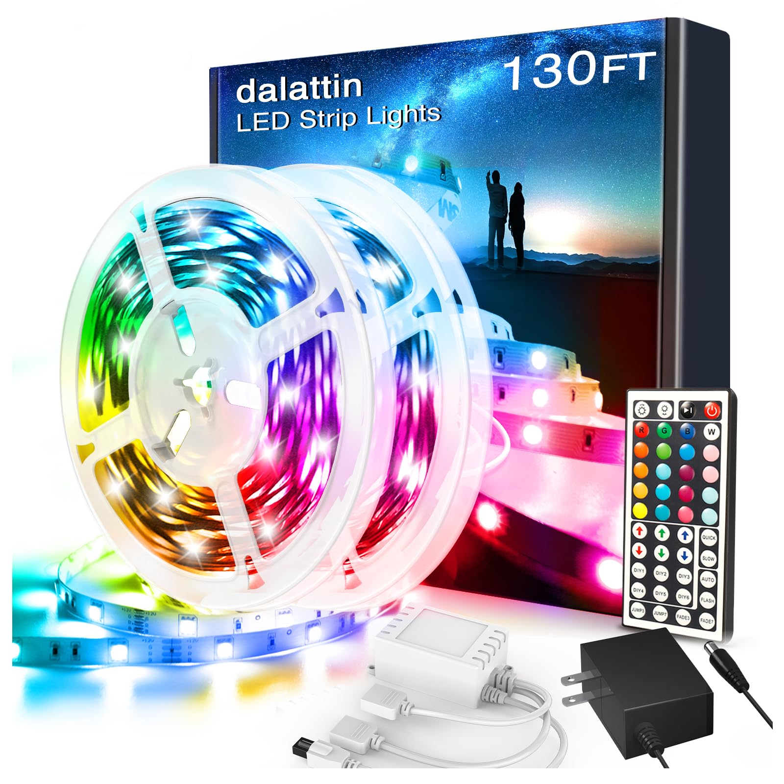 dalattin Led Lights for Bedroom 130ft RGB Led Strip Lights Color Changing Kit with 44 Keys Remote Controller and 24V Power Suppl