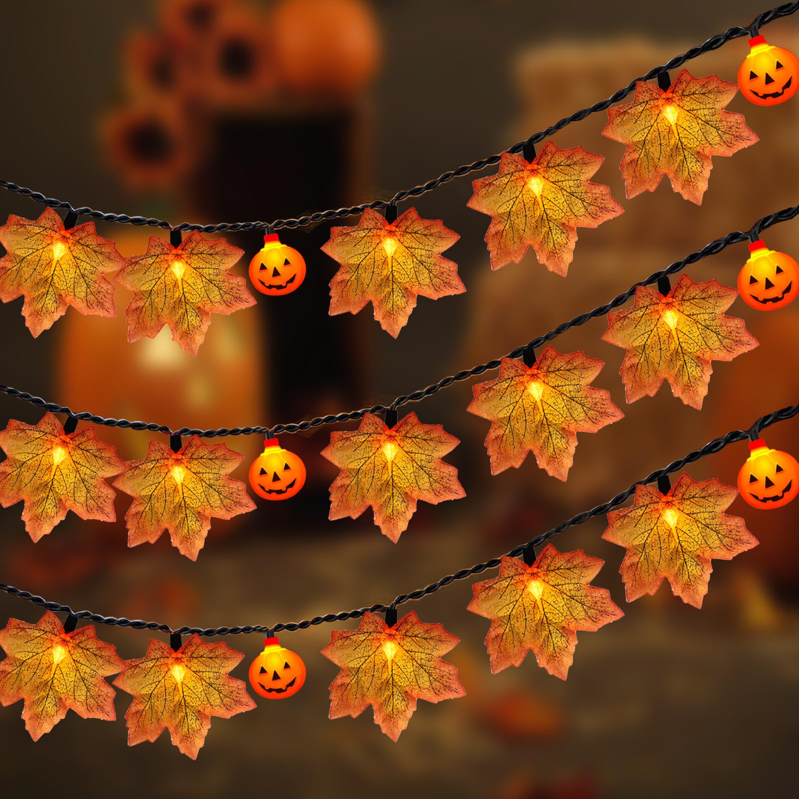 13.6FT Thanksgiving Lights Leaf String Lights, 25 LED Orange Leaf Lights and 10 LED Pumpkin Lights, Plug-in Fall String Lights f