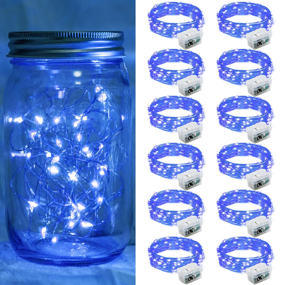chzk 12 Pack Blue Fairy Lights 7Ft 20 LED Twinkle String Lights Battery Operated Lights Waterproof Firefly Starry Lights Mason Jar Lights for Party Halloween Christmas Valentines Day