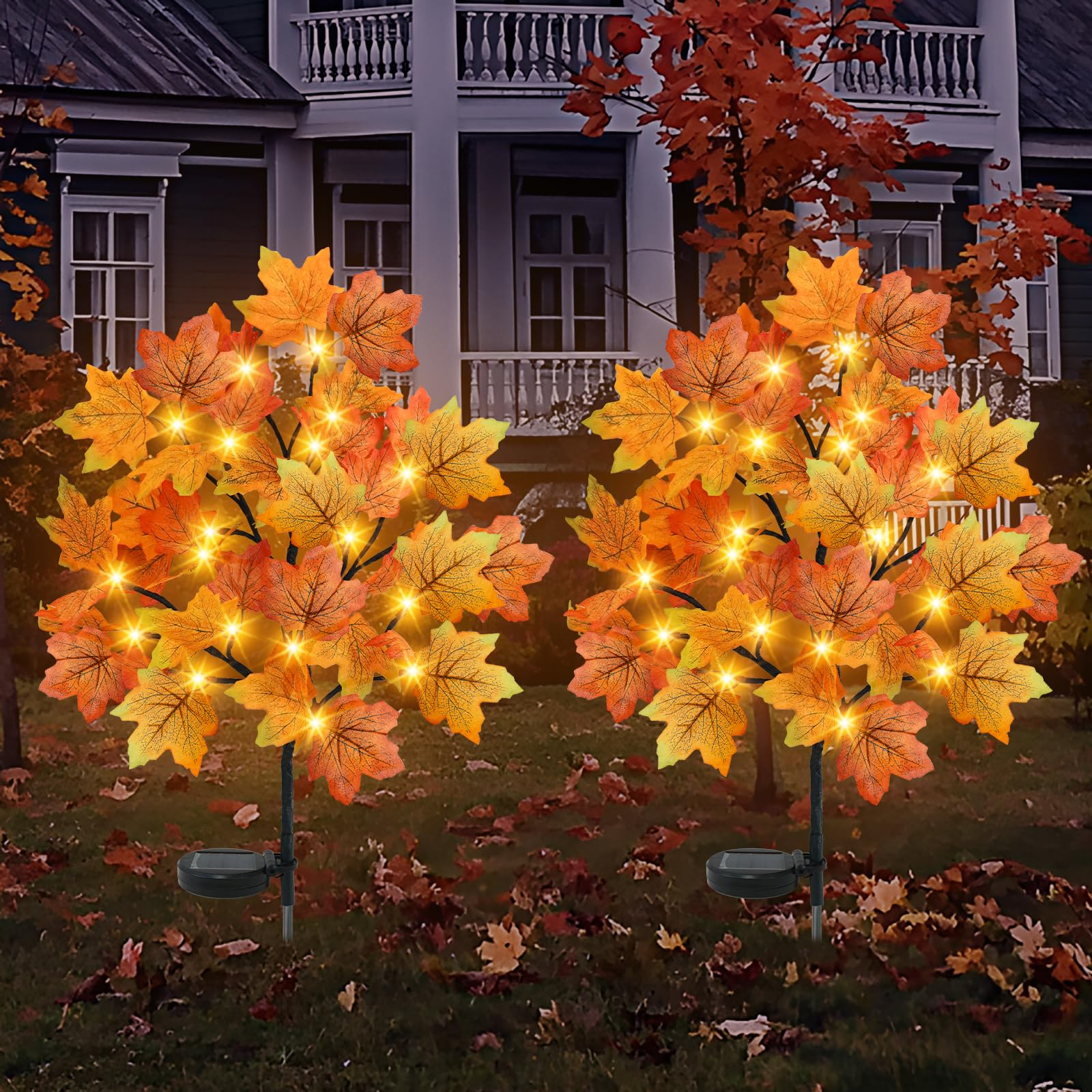 Torontokyo 2 Pack Fall Solar Outdoor Lights, Fall Decor 40 Led Maple Leaves Solar Stake Light With 8 Modes, Waterproof Fall Garden Lights Thanksgiving Decorations For Autumn Yard Pathway Outside