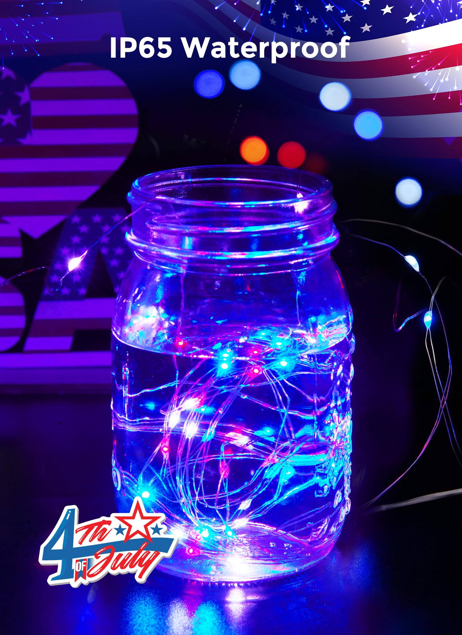 Solar String Lights for Outside, 33Ft 100 LED Outdoor Solar Red White and Blue Lights, 8 Modes 4th of July Lights for Tree Patio