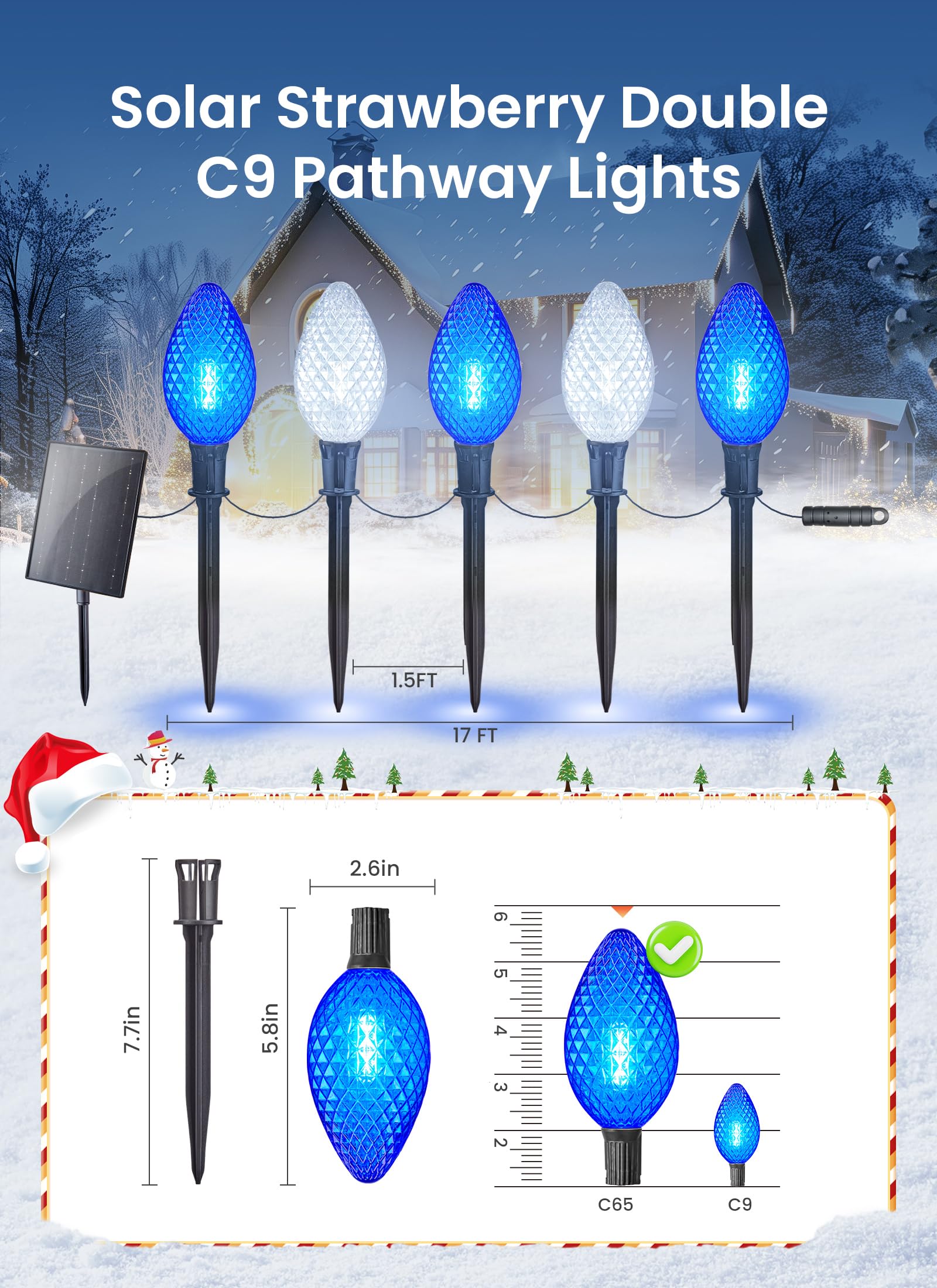 Minetom Solar C9 Strawberry Christmas Pathway Lights - 16FT, 10 LED, Timer, 8 Modes, Blue & White Outdoor Decor
