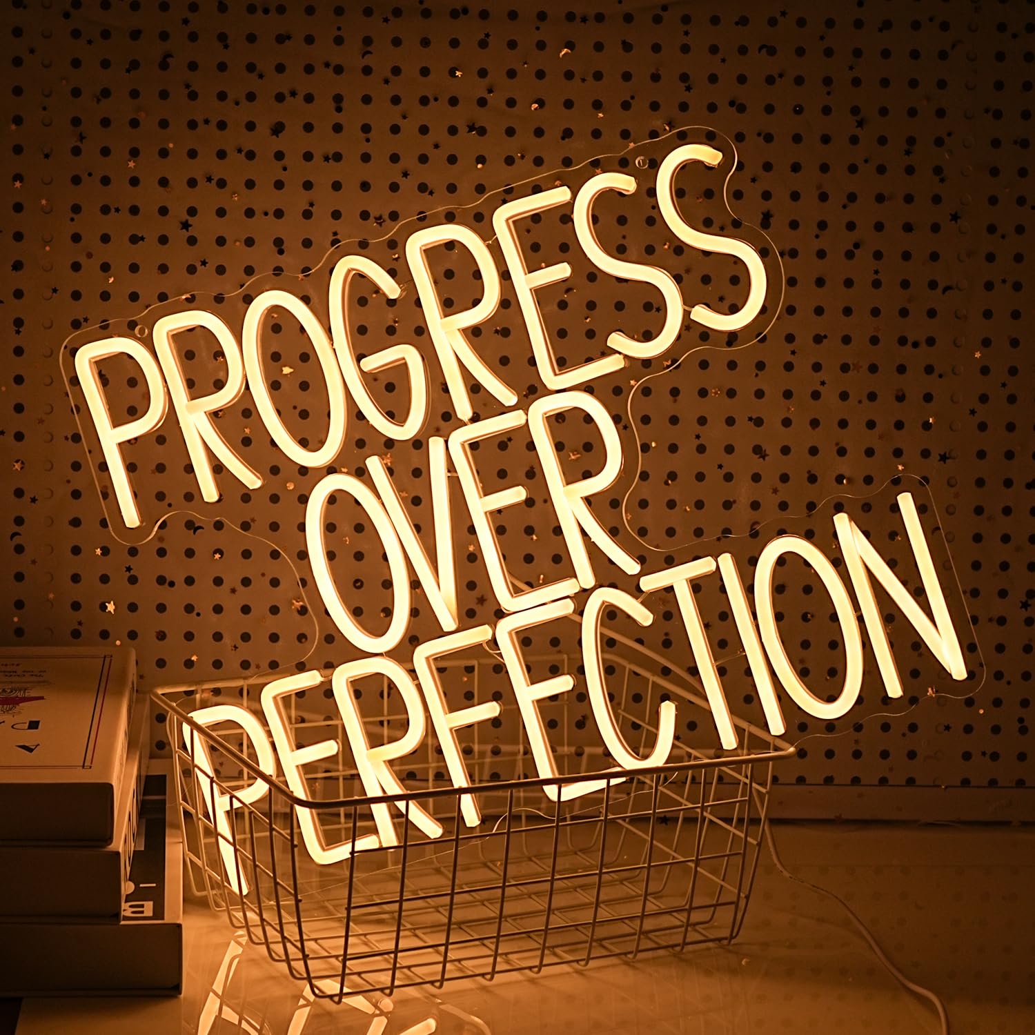 GNVETZLL Progress Over Perfection Neon Sign LED Wall Decor Warm White 16.5x12.6in Acrylic USB Powered