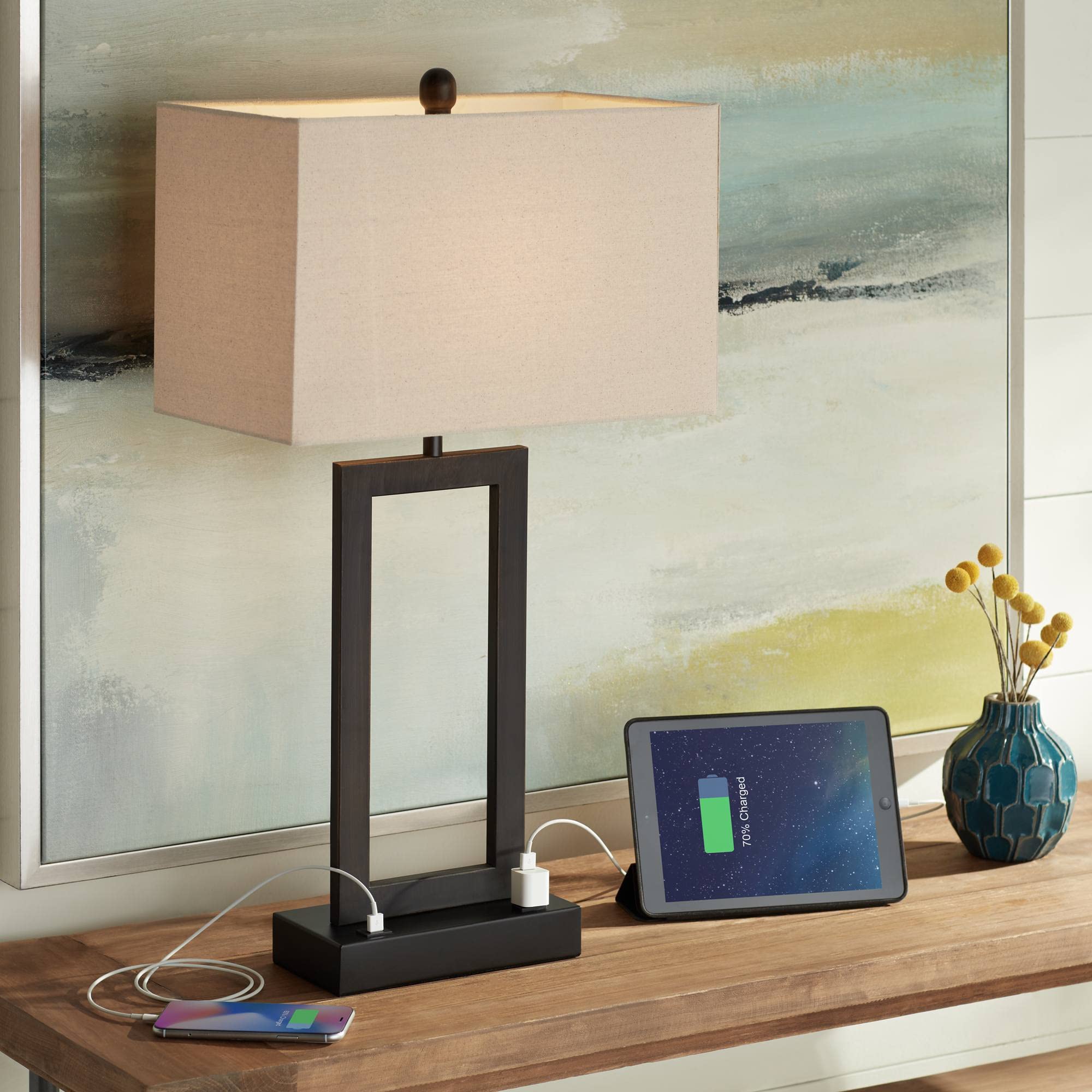 360 Lighting Modern Table Lamp with USB & AC Outlet, 30in Tall, Bronze, Oatmeal Fabric Shade, Model 42V69