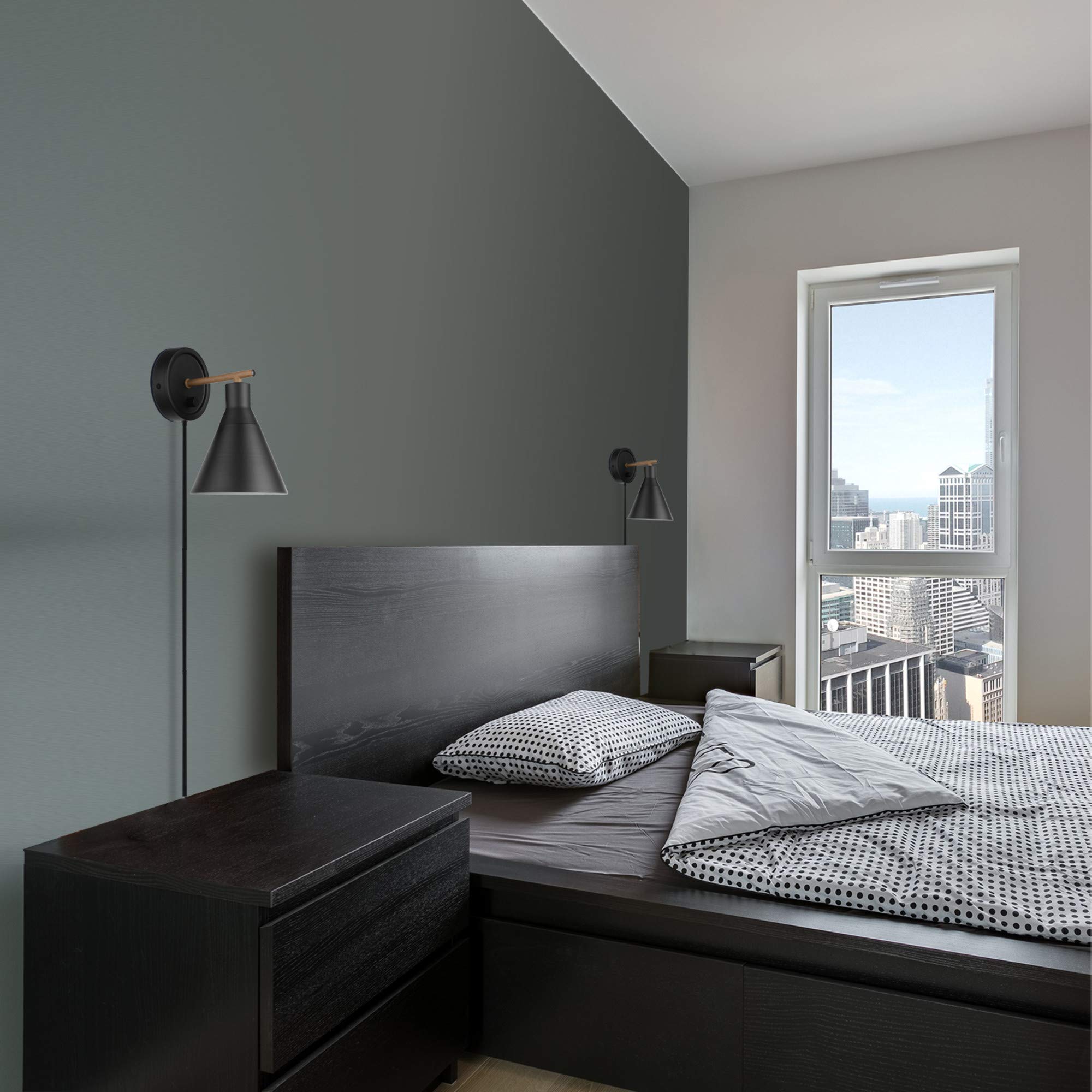 Globe Electric 51725 1-Light Dimmable Plug-In Or Hardwire Wall Sconce, Matte Black, Faux Walnut Accent, Stepless Dimming Rotary