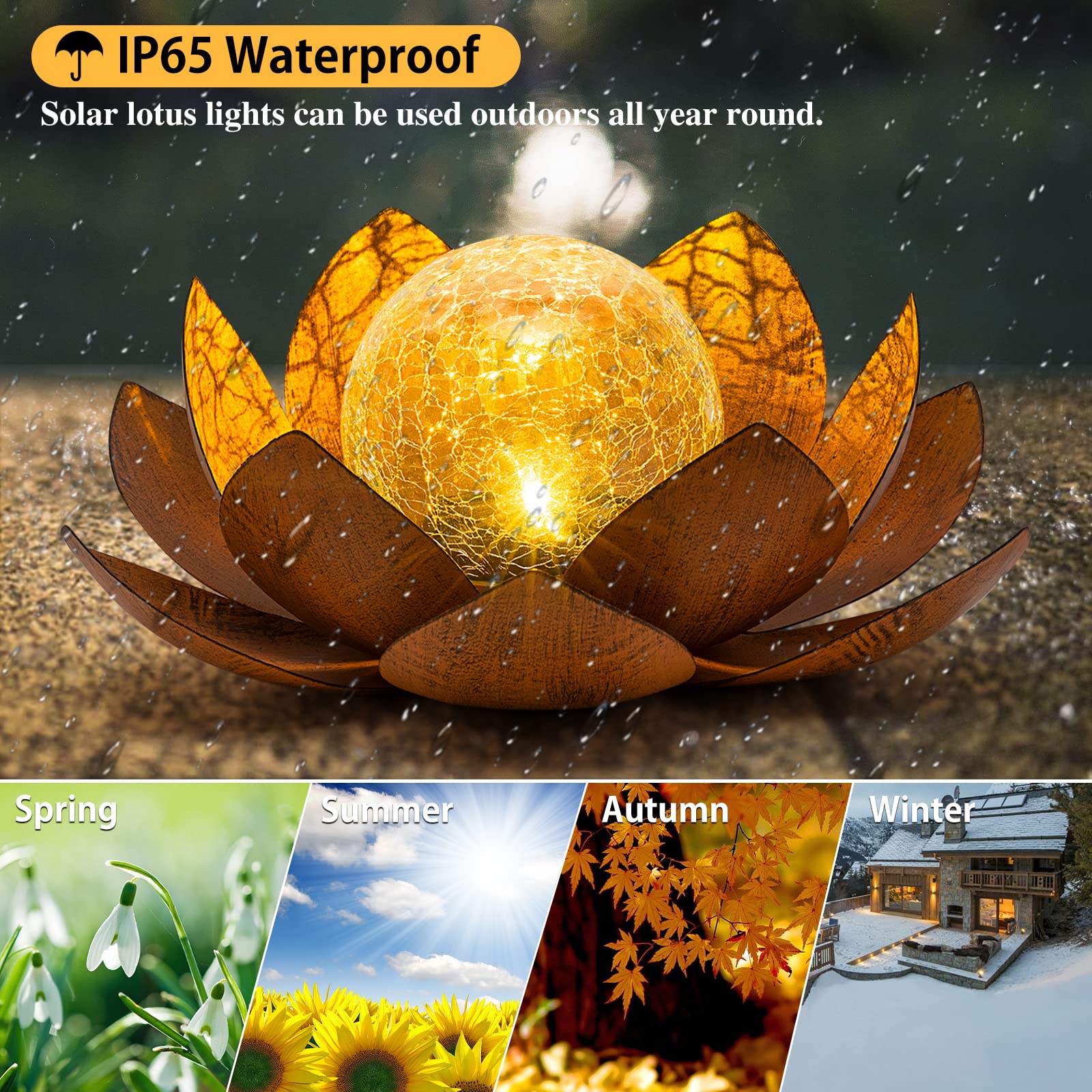 Aiiny Solar Light Outdoor(2Pack), Art Crackle Globe Glass Lotus Decoration, Solar Led Waterproof Metal Flower Lights For Patio,L