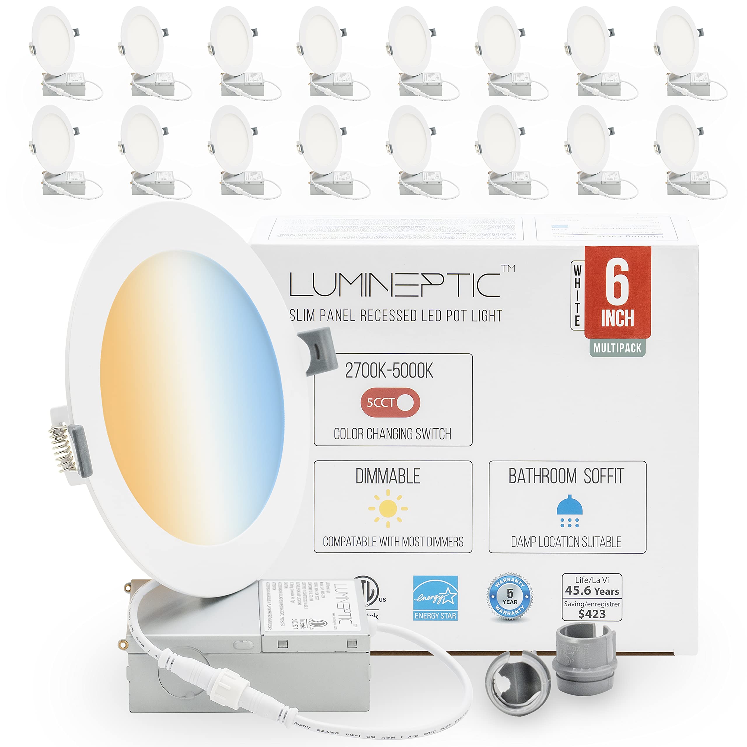 Lumineptic 6 Inch 5Cct Dimmable Slim Recessed Led Pot Lights, Selectable Colors, Bathroom, Soffits & Damp Locations,12W, 1050 Lm High Brightness, (5Cct - 2700K/3000K/3500K/4000K/5000K, 50 Pack)