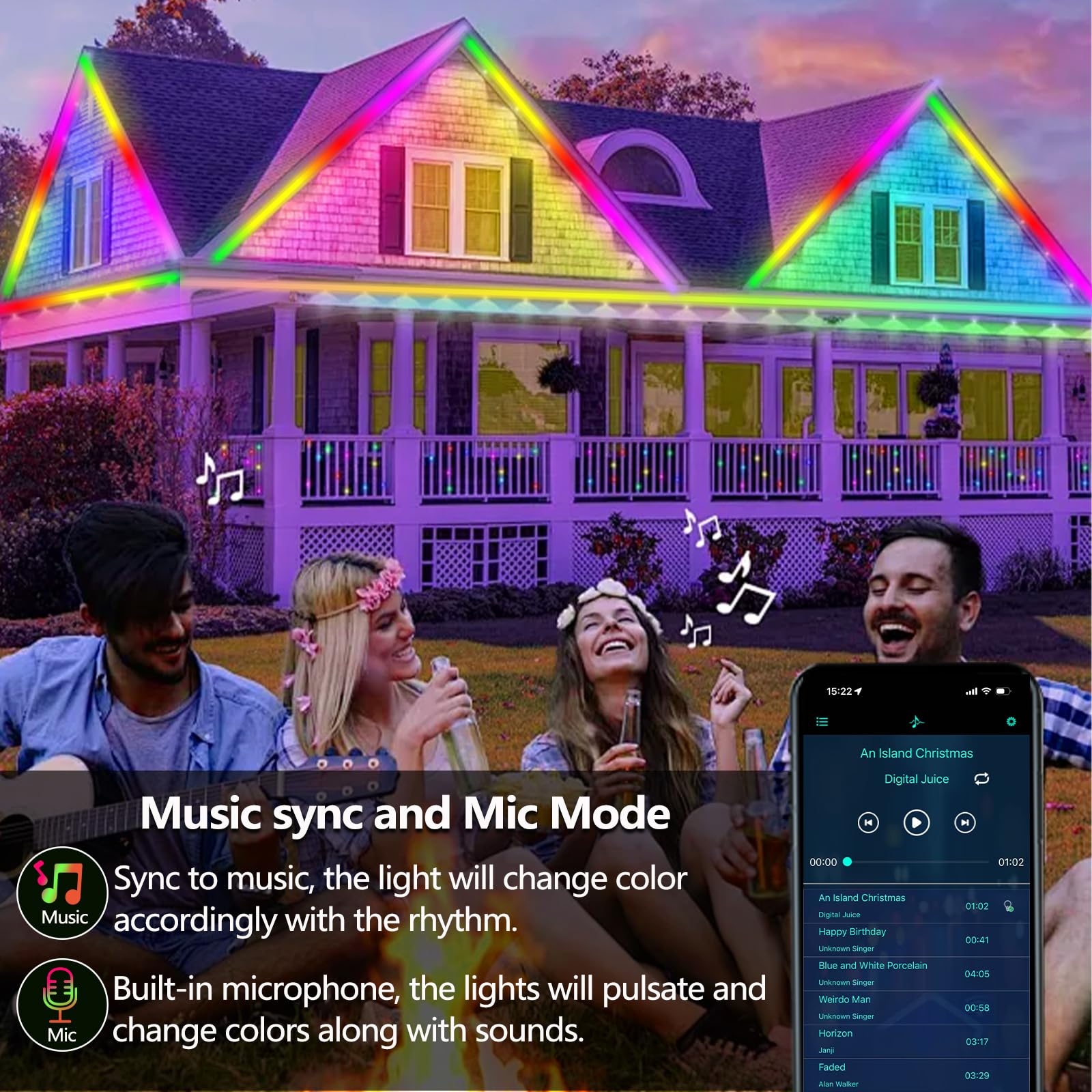 httpsmp 100FT Outdoor LED Strip Light, IP68 Waterproof, RGB+IC, App/Remote Control, Music Sync, Chase Mode