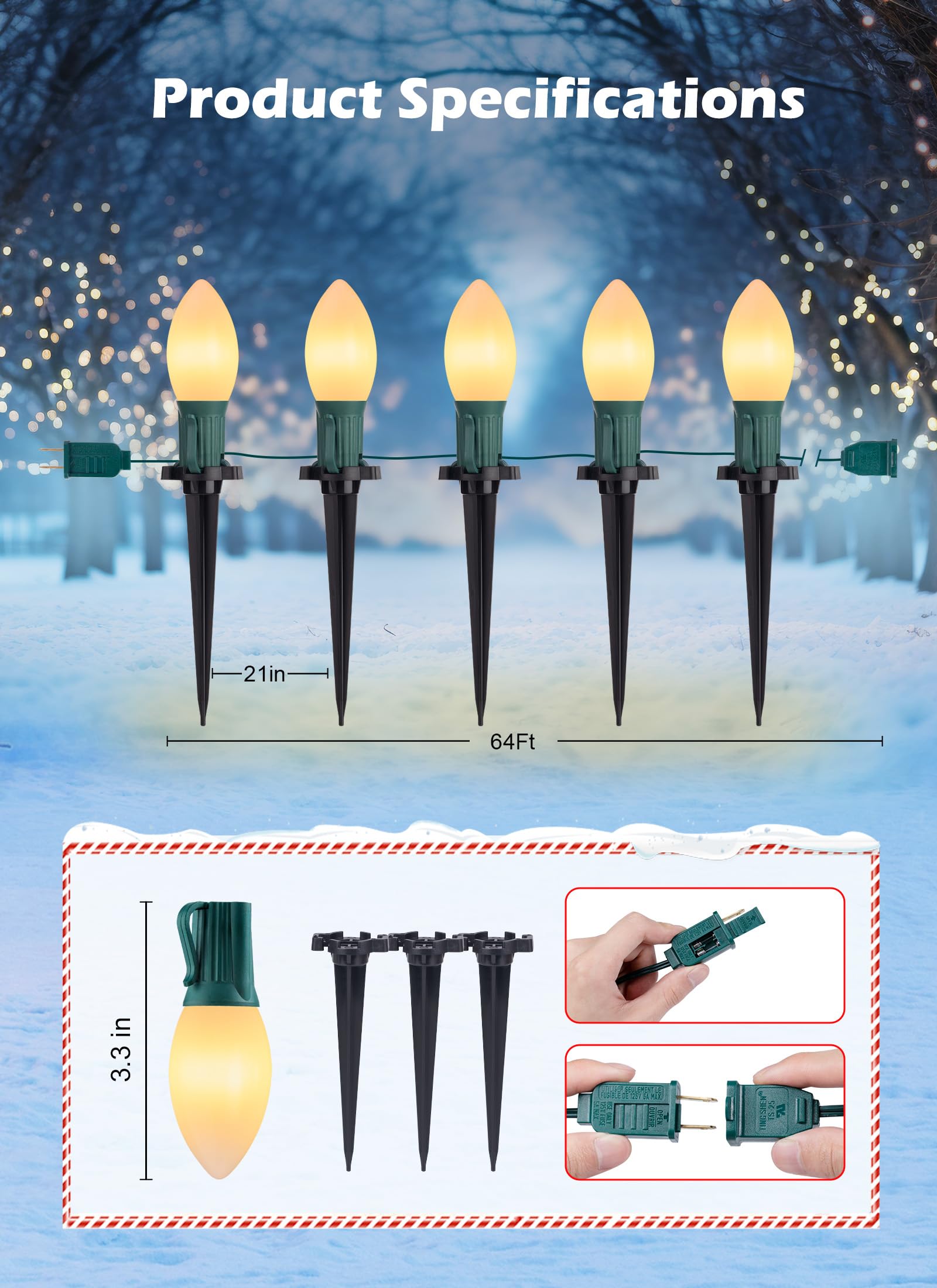 Brightown C9 LED Christmas Lights, 64ft, 50 Bulbs, Frosted Warm White, 2 Packs, Outdoor Pathway Decorations, Model GYPI-O20LAU