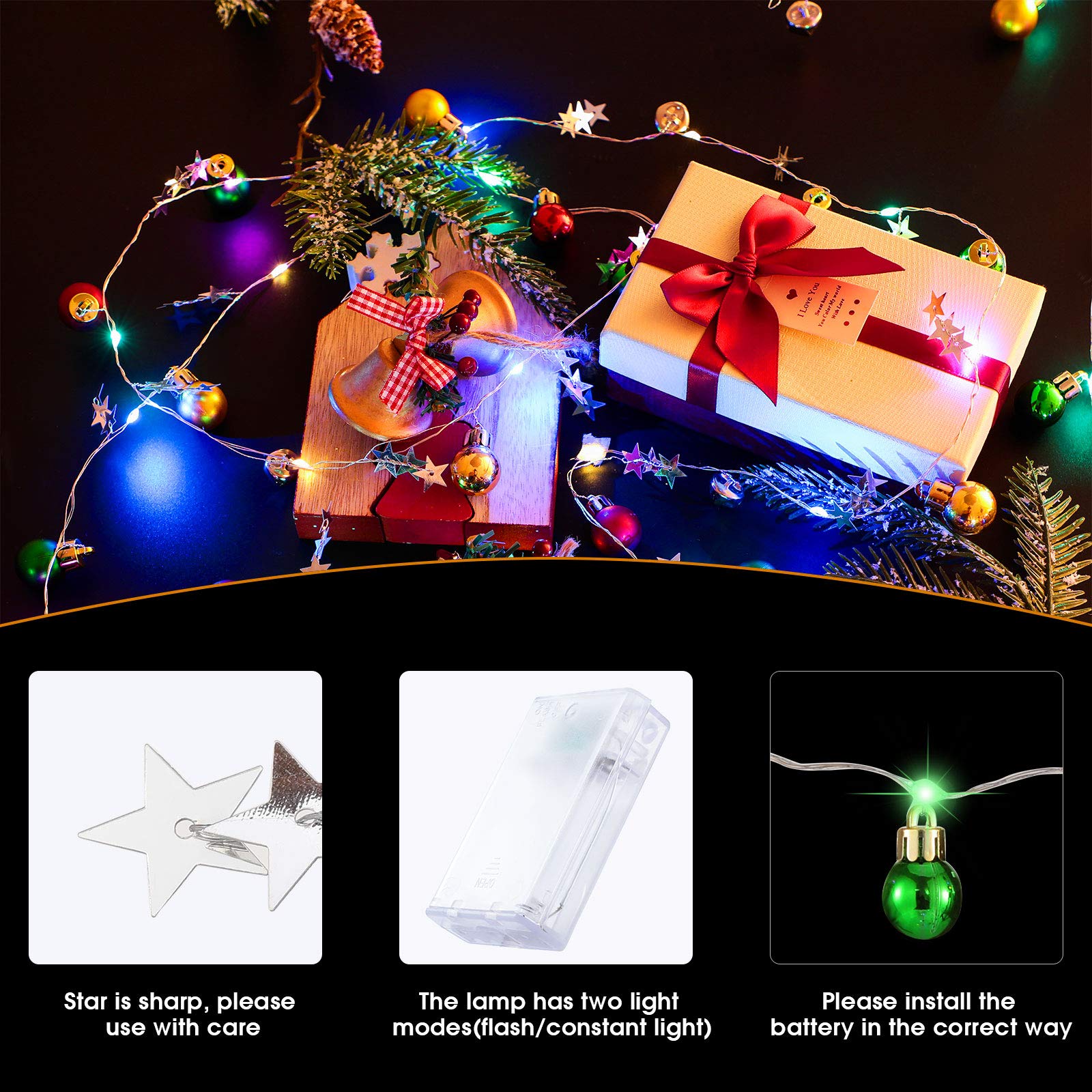 Mudder 13 Ft 40 Led Christmas String Lights Battery Operated Wire Light Fairy Led With Star And Bell Wire Lamp Indoor Decoration For Christmas Tree Ceiling Bedroom Holiday(Gold, Green, Red)