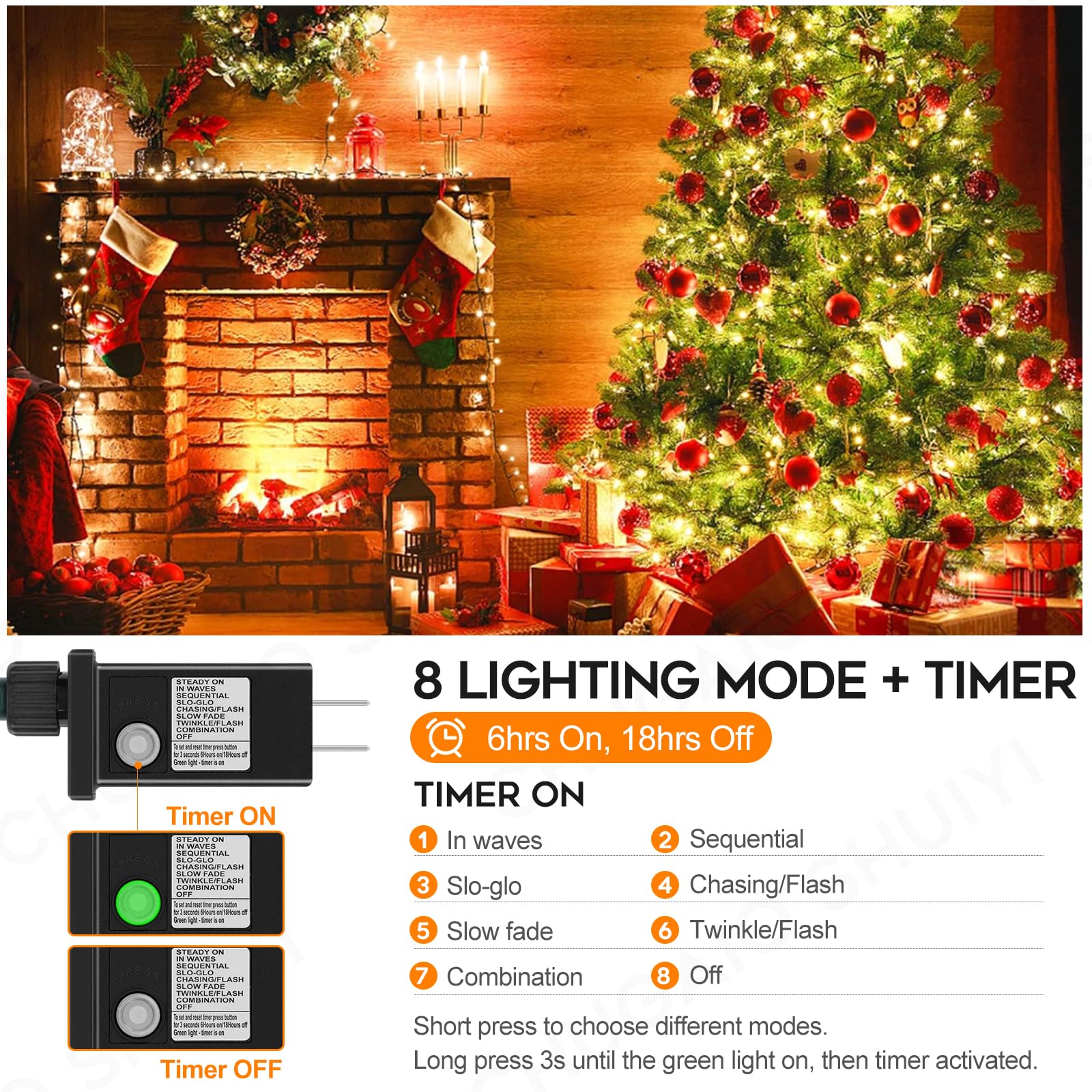 Fairyglim 100 Led Christmas String Lights, 33 Ft Connectable Waterproof String Lights Green Wire With Timer Memory Function & 8