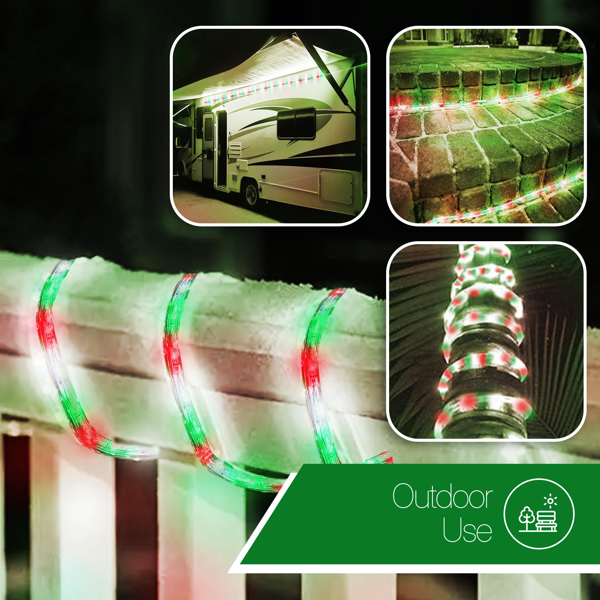 Tupkee LED Rope Light - 24 Feet, Red/Green/Clear, PVC Tube, 144 Long Life Bulbs, Indoor/Outdoor Use, Model RL-24-R/G/C