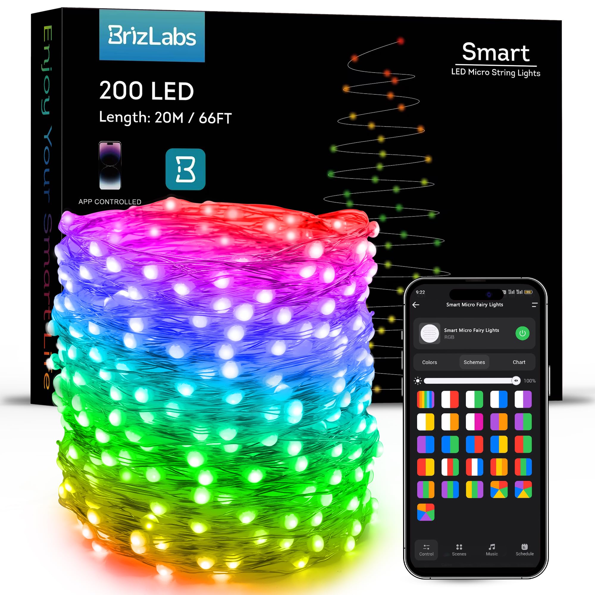BrizLabs Smart Fairy String Lights 66ft 200 LED WiFi App Control Dimmable Rainbow Music Sync - Model JT-EL/FC050V2000-H15