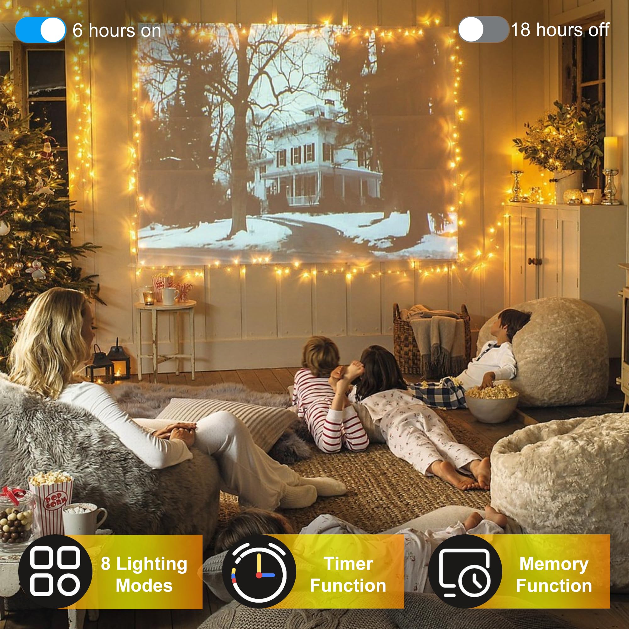 HRANBOTY 300LED Christmas String Lights, 100FT Warm White, 8 Modes, Indoor Outdoor, Plastic, Model HS-300L