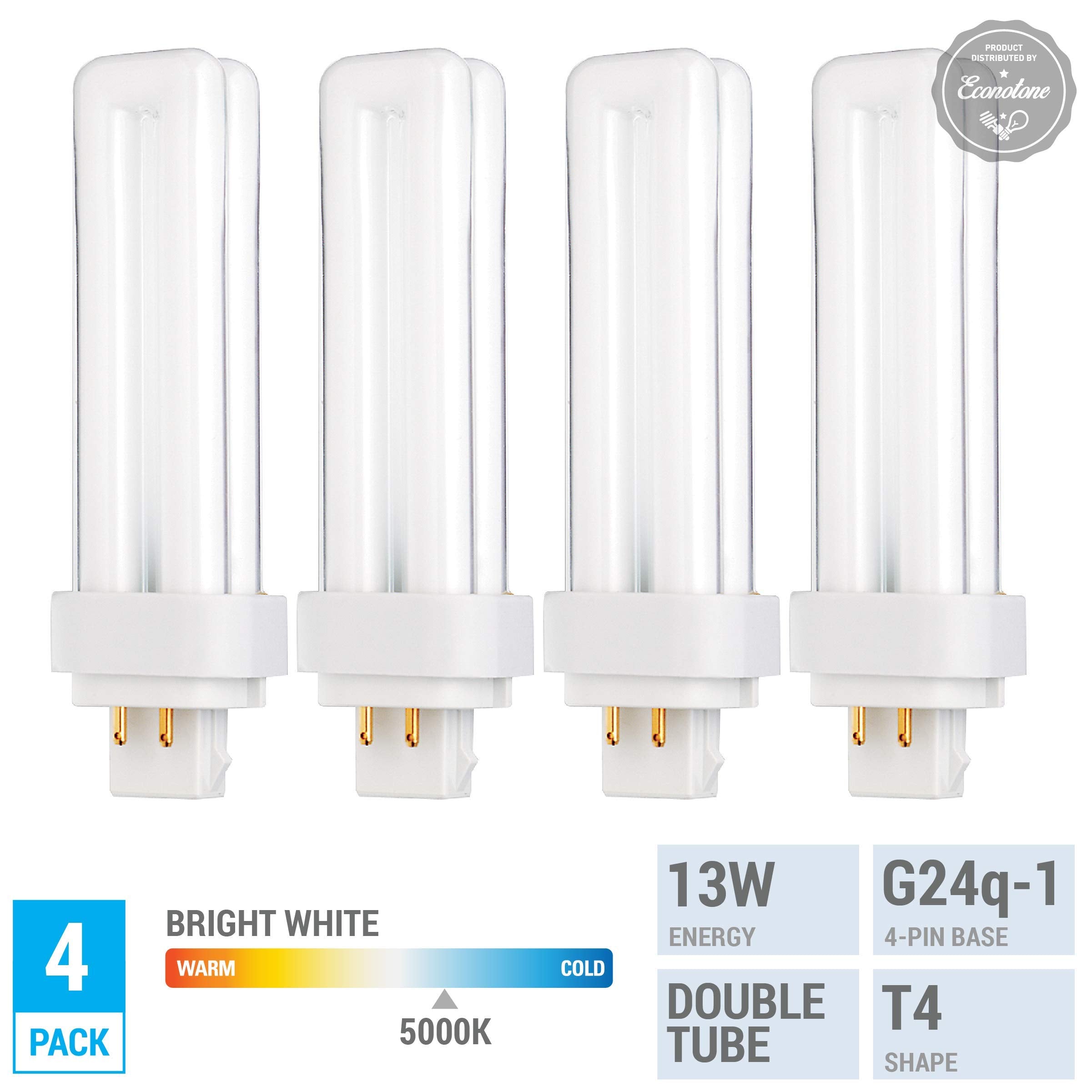 Kor (Pack Of 4) 13 Watt Double Tube - G24Q-1 (4 Pin) Base - 5000K Bright White - Cfl Light Bulb.
