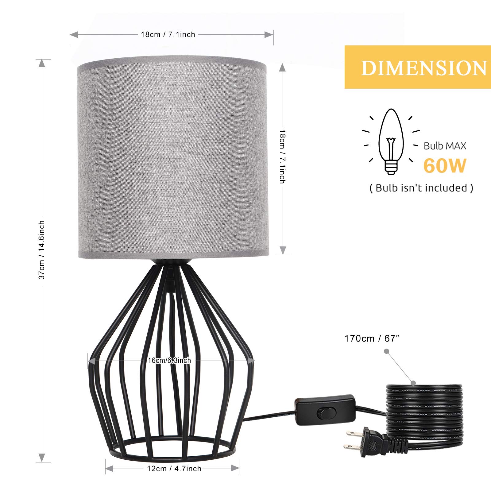 Haitral Farmhouse Table Lamp - Small Gray Metal Cage Nightstand Lamp, 14.6X7.09X6.3, Model Ht-Btl47