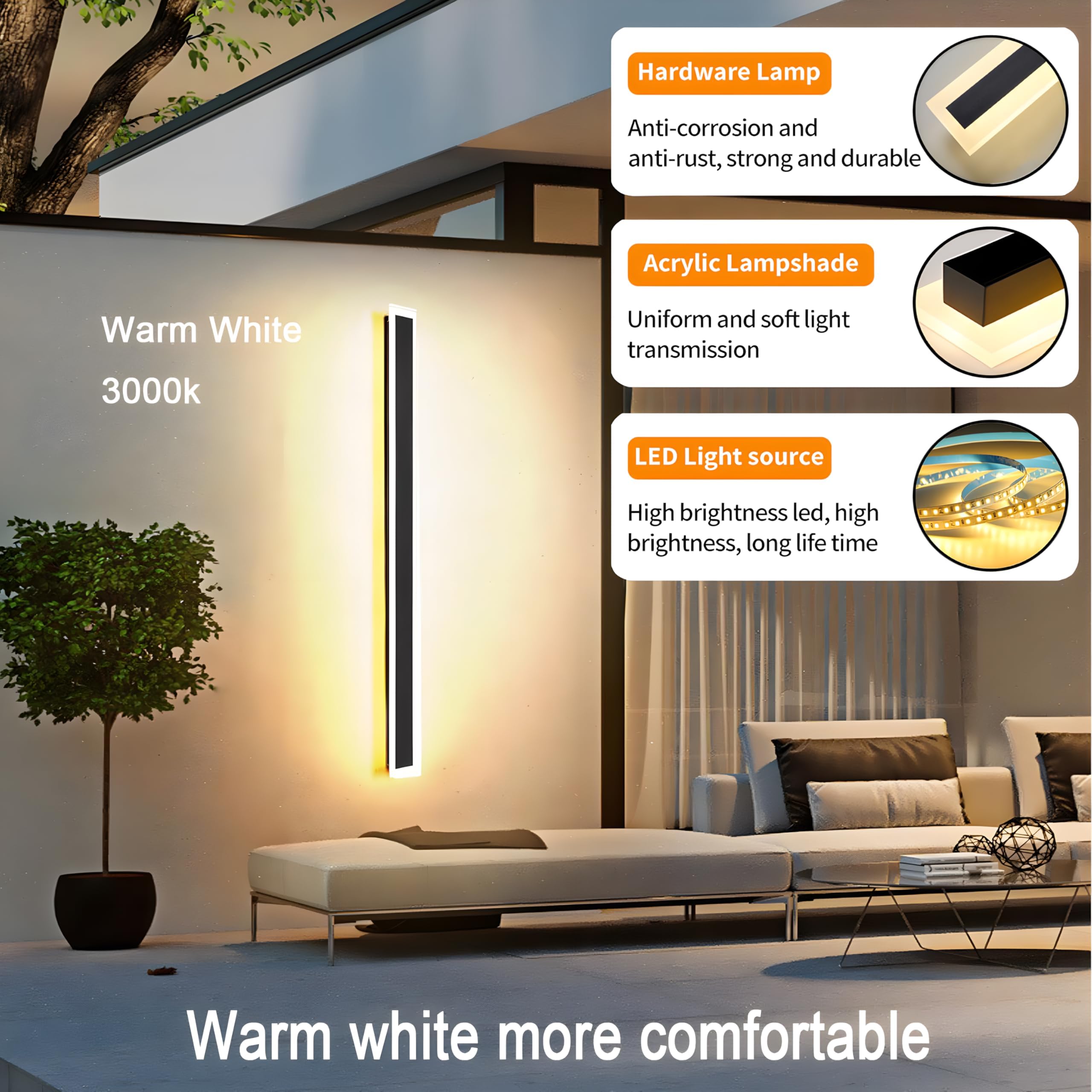 47.2Inch-2Pack Long Outdoor Modern Led Wall Light,38W Waterproof Ip65 Warm White 110V Led Wall Mount Lighting Fixture Rectangula