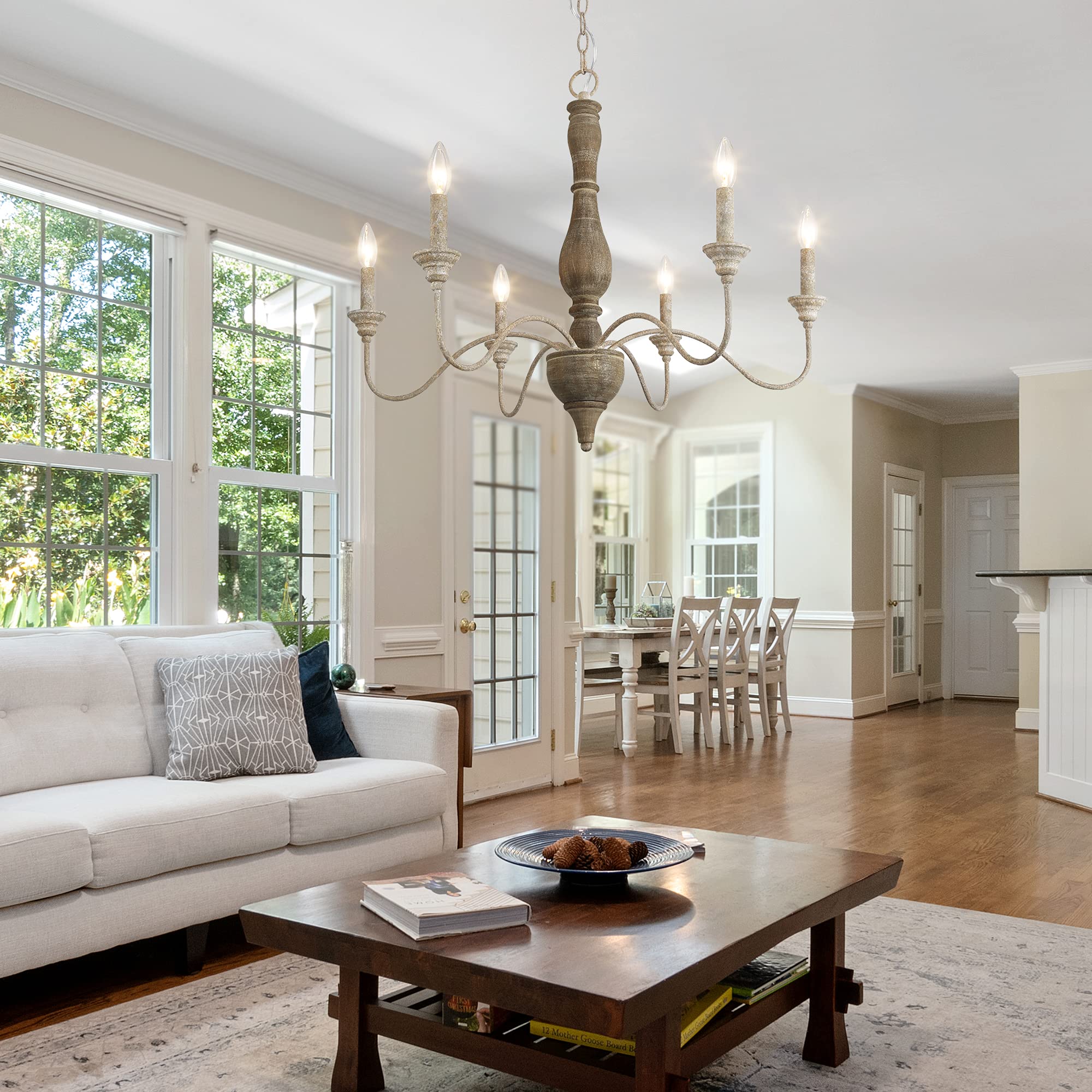 Gepow 6-Light Distressed Wood Chandelier, Farmhouse Ceiling Light For Dining Room & Kitchen