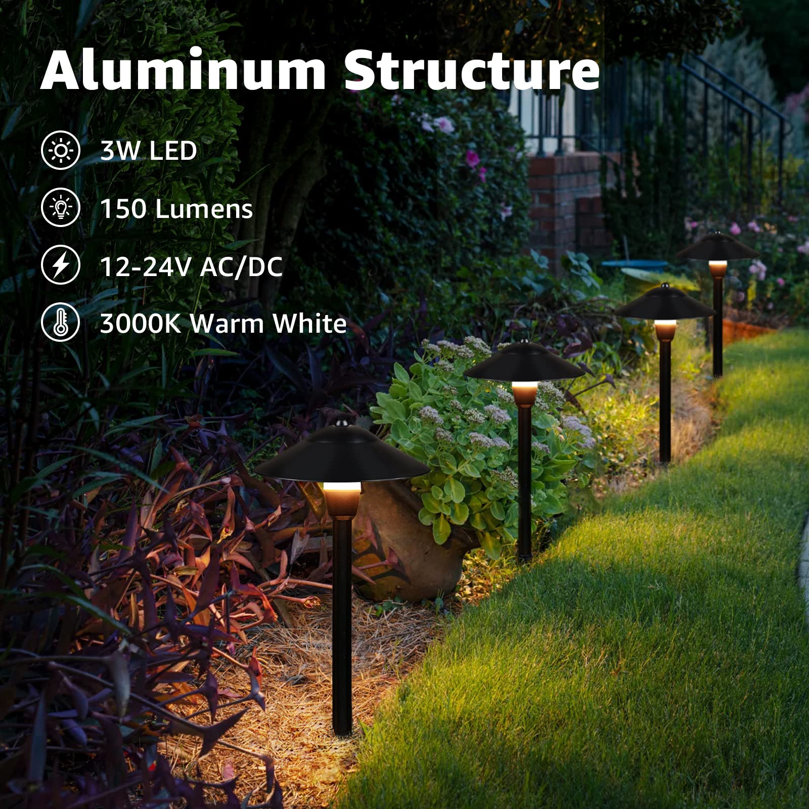 SUNVIE Low Voltage Pathway Lights, 3W LED, 3000K, Cast-Aluminum, Waterproof, Black, 4 Pack