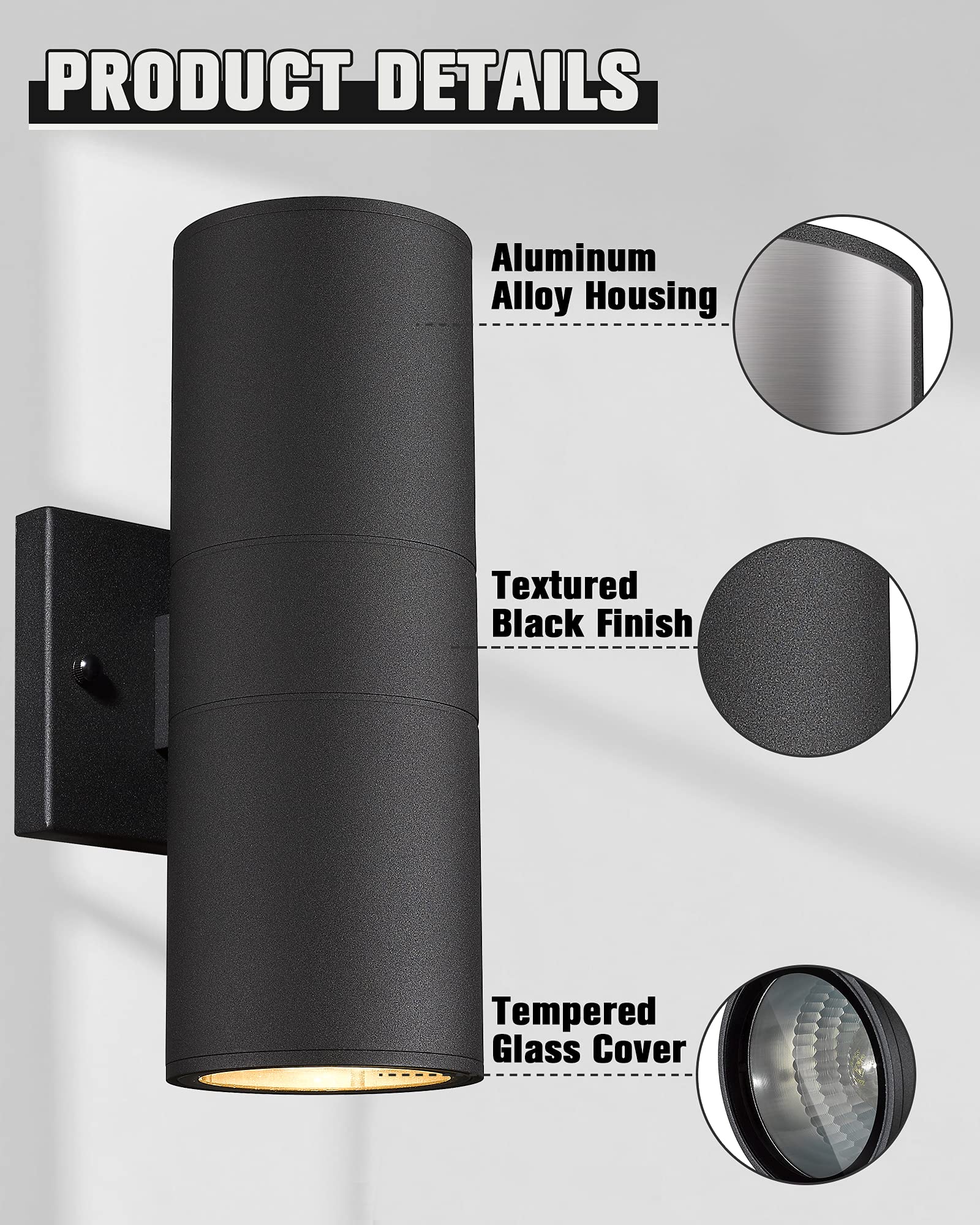 Ken & Ricky Outside Up And Down Wall Sconce, Modern Outdoor Sconce Wall Lighting, Cylinder Exterior Light Fixtures With Tempered Glass Cover For House Porch Garage Patio Doorway Entryway -2 Pack