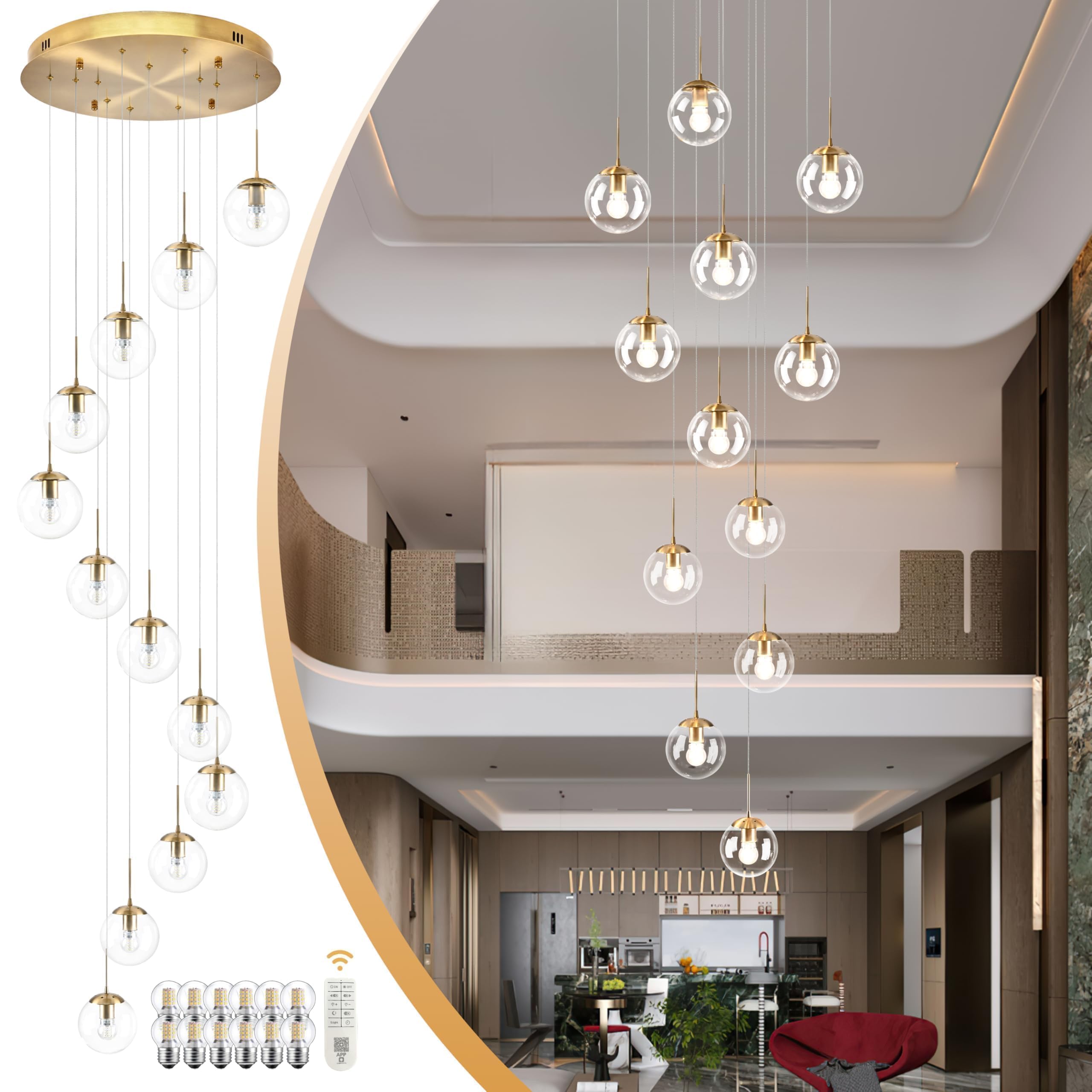 Koko&Yukina 12-Light Gold Mid Century Modern Chandelier For Living Room Staircase Chandelier For Entryway Clear Globe Glass Chan