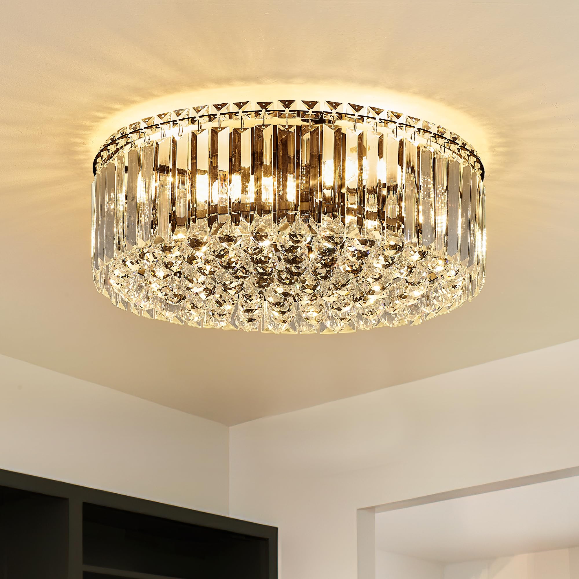 Faibra 17.3'' Black K9 Crystal Raindrop Flush Mount Ceiling Light, Modern Chandelier, Round Luxury Light Fixture For Dining Room