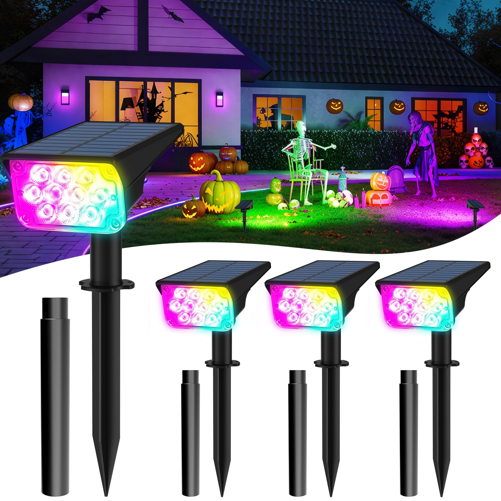 T-SUNUS RGB Solar Landscape Spotlights, IP65 Waterproof, 4 Pack, Multicolor, Auto Dusk to Dawn Lighting for Yard, Garden, Driveway