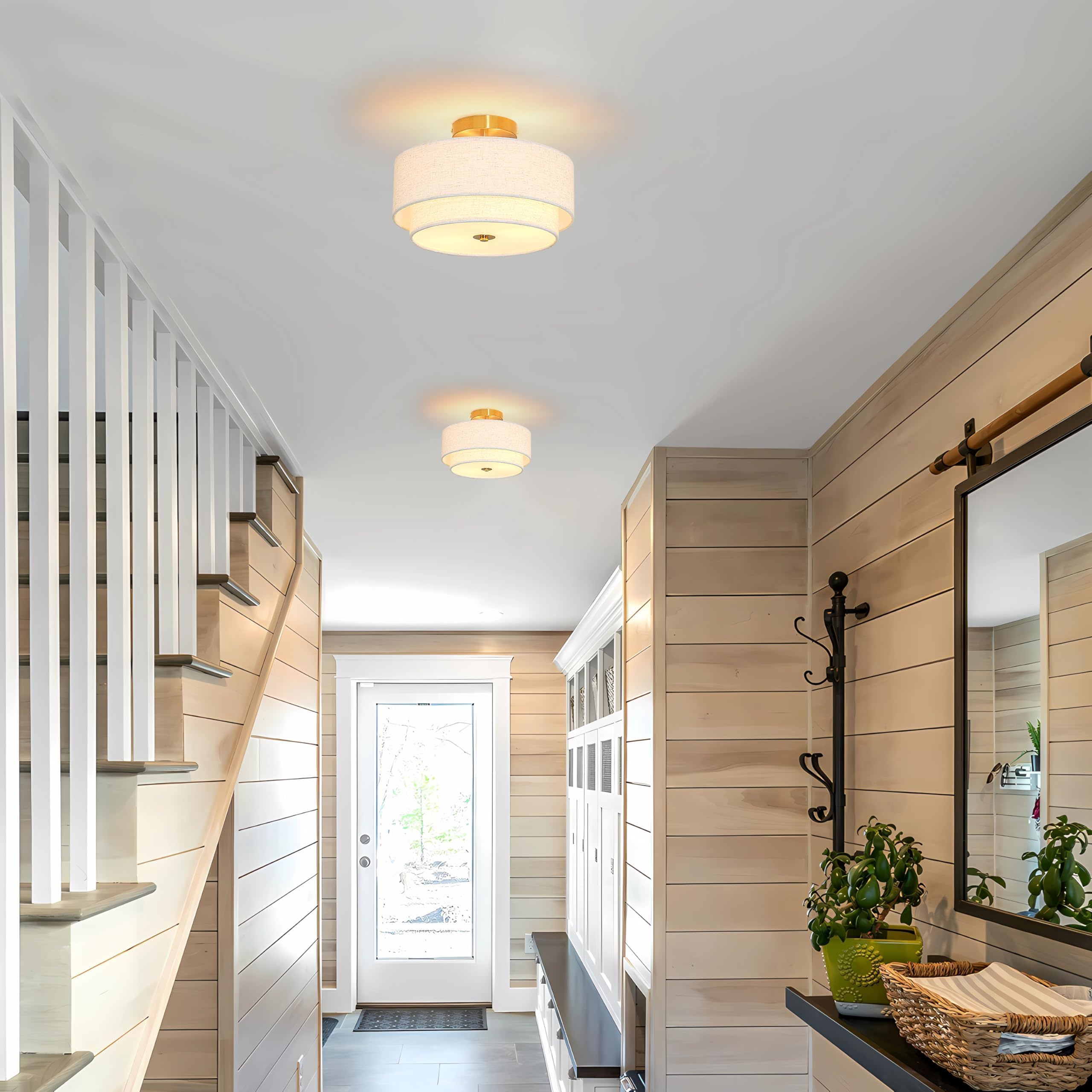 2 Light Semi Flush Mount Ceiling Light Fixture 12.6 Inch Modern Gold Drum Ceiling Light Fixture With 2-Layer Fabric Shade Dimmab